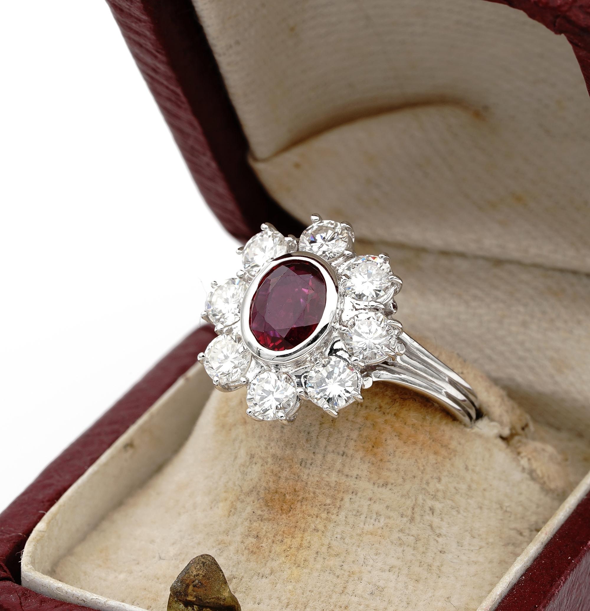 Brilliant Cut Sheer Quality Natural Thai Ruby 1.80 Carat F IF VVS Diamond Halo Ring For Sale