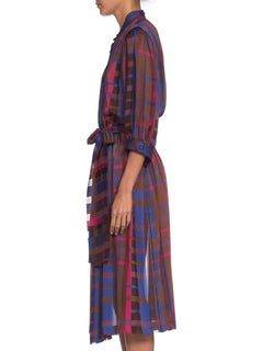 1980S Pink & Blue Silk Chiffon Satin Stripe Elastic Waist Dress With Sash Belt