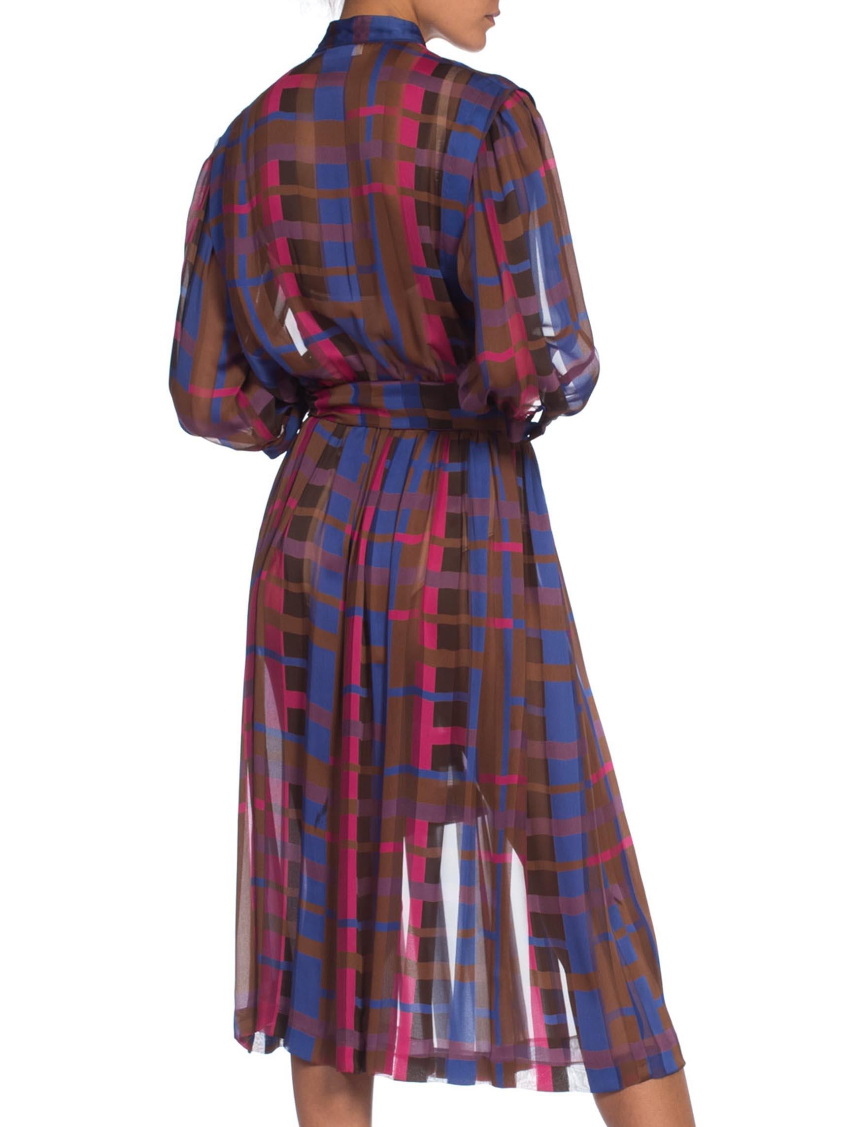 Black 1980S Pink & Blue Silk Chiffon Satin Stripe Elastic Waist Dress With Sash Belt