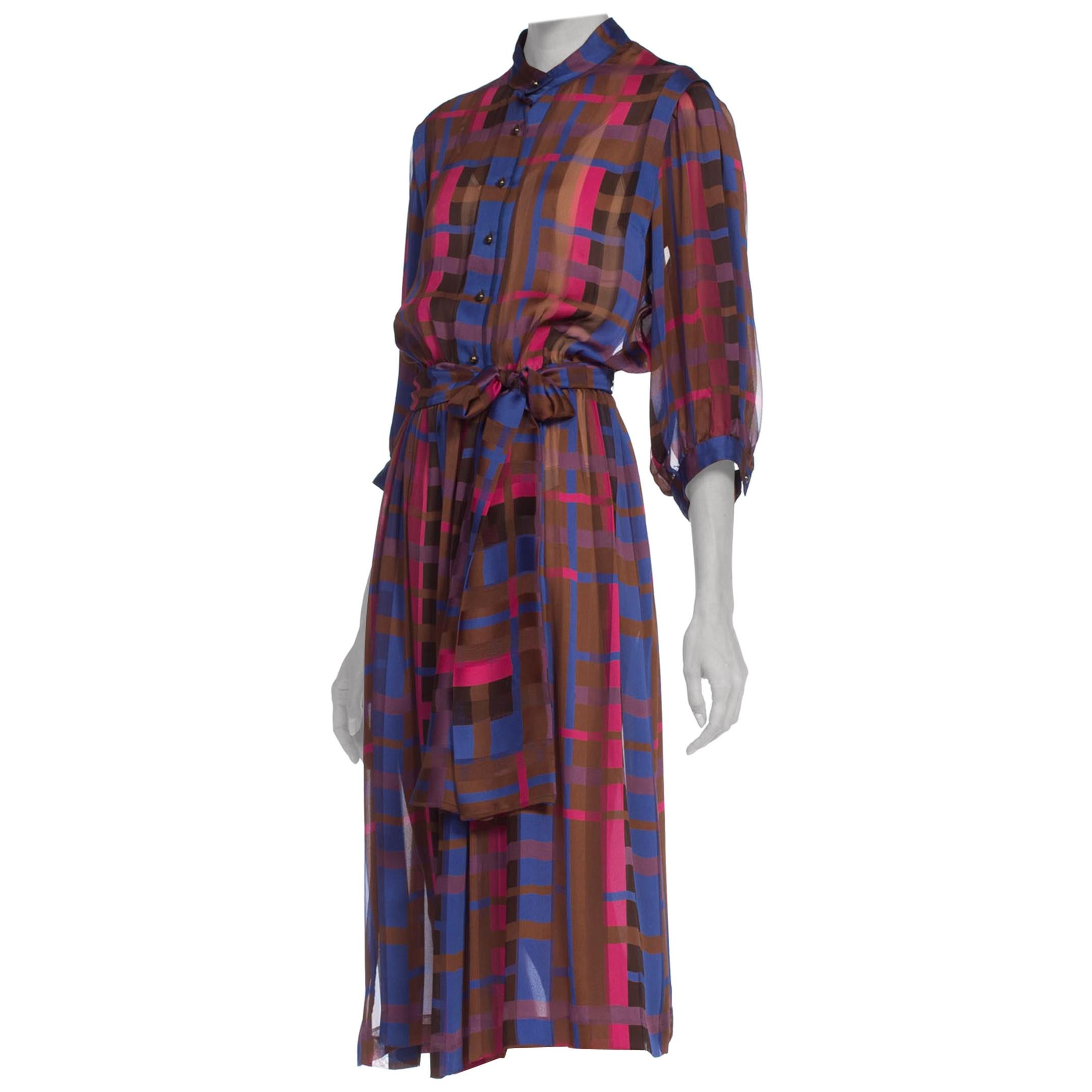1980S Pink & Blue Silk Chiffon Satin Stripe Elastic Waist Dress With Sash Belt