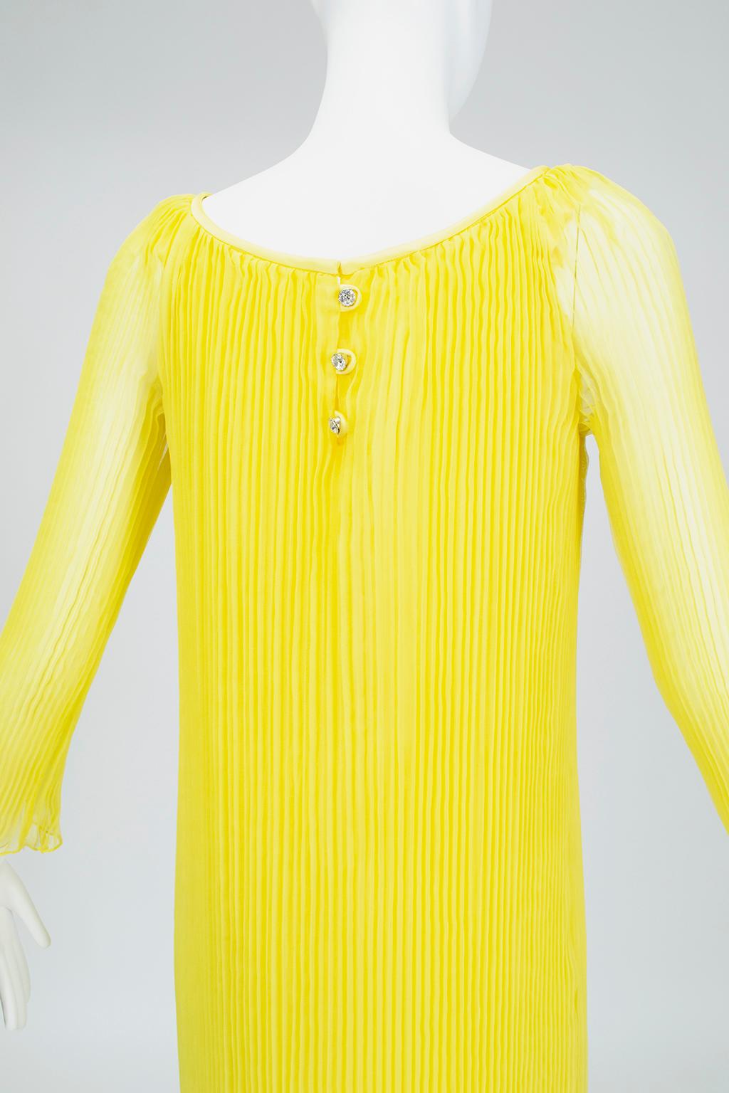 Gelbes, durchsichtiges, juwelenbesetztes Plissé-Tunika- und Zigarettenhosen-Ensemble - XS, 1960er Jahre im Angebot 4