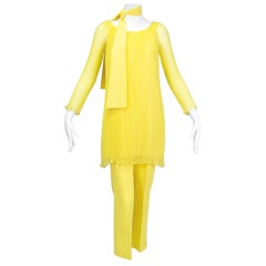 Sheer Yellow Jeweled Plissé Tunic and Cigarette Pant Ensemble – XS, 1960s