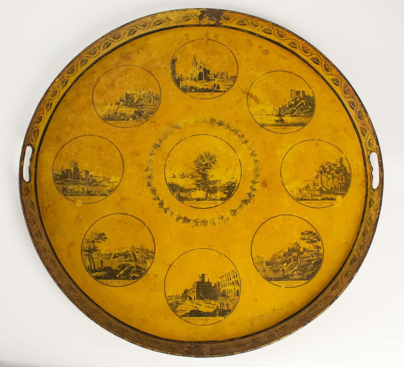 Directoire period sheet metal tray representing monuments from The City of Lyon, 19th century.
Measures: D 65 cm, P 4 cm.