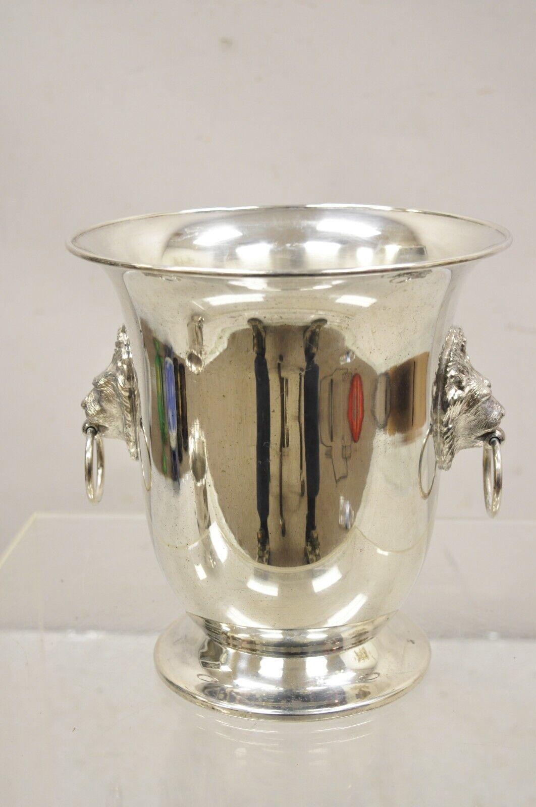 Sheffield Co Regency Style Silver Plated Lion Head Fluted Champagne Ice Bucket. Circa Late 20th Century. Measurements:  9.25