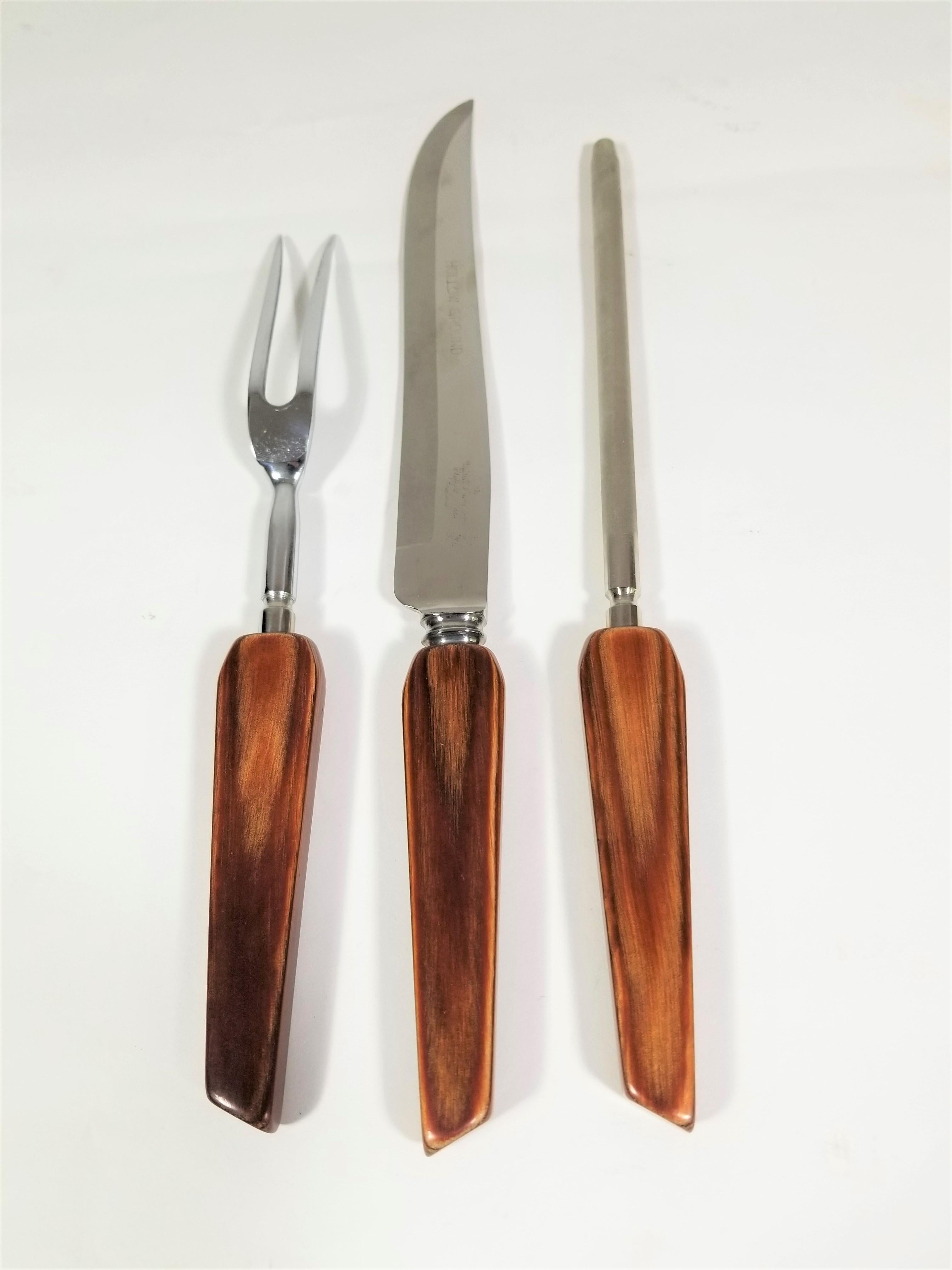 Sheffield England, 3-teiliges Set aus Schnitzereien oder Besteck aus Rosenholz (Englisch) im Angebot