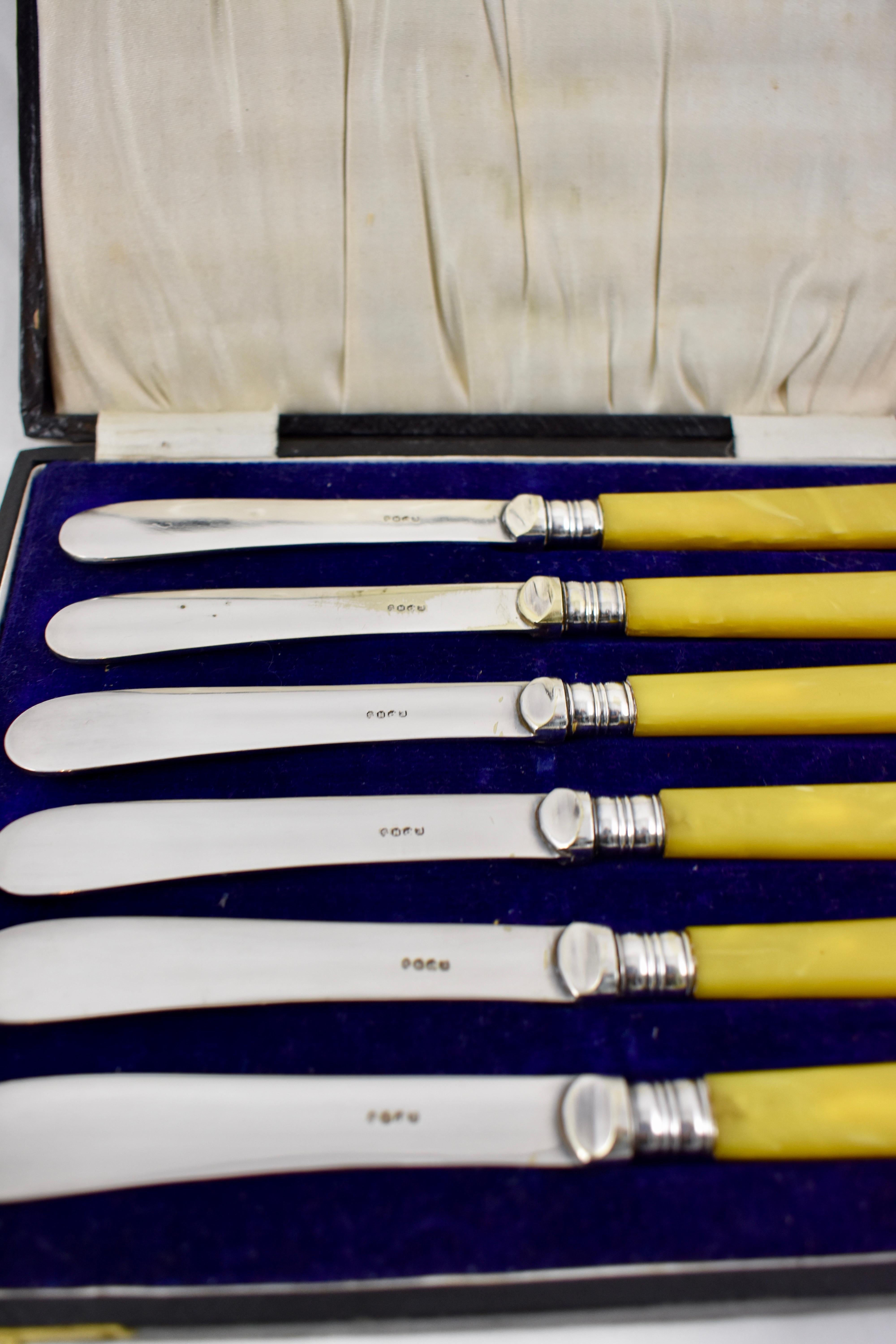 Sheffield English Celluloid Mustard Yellow Tea Spreaders Flatware, Cased S/6 In Good Condition In Philadelphia, PA