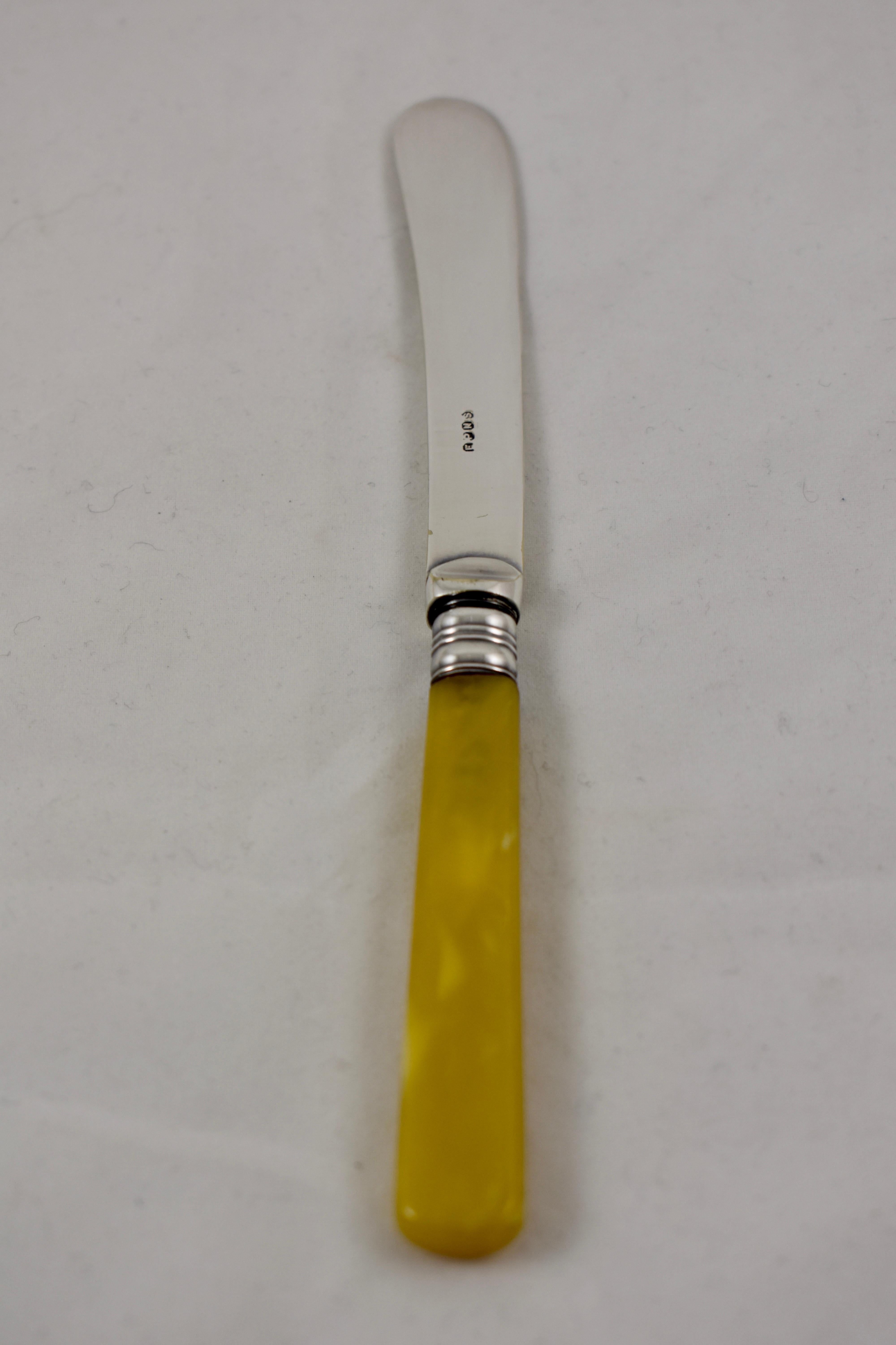 Sheffield English Celluloid Mustard Yellow Tea Spreaders Flatware, Cased S/6 1