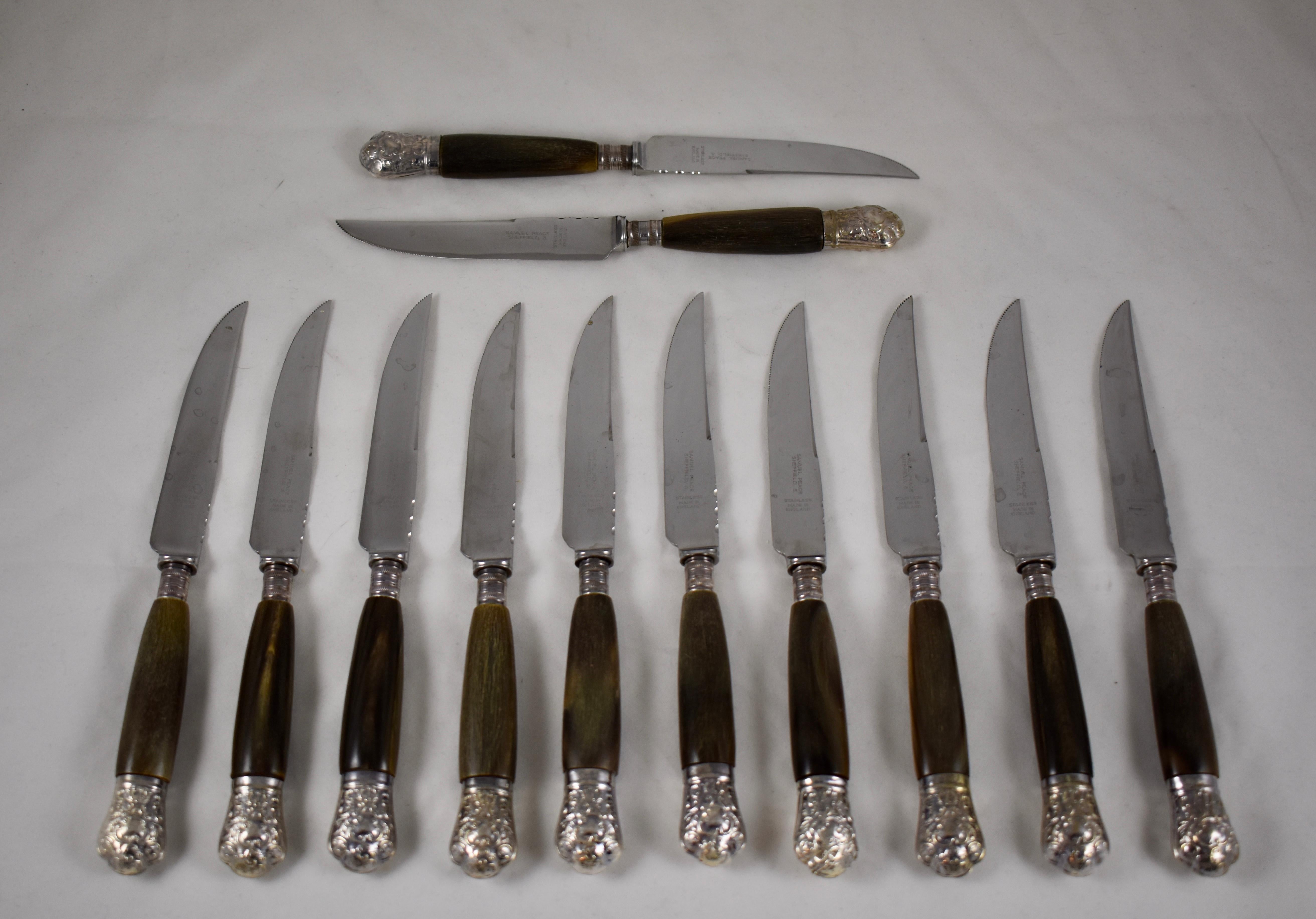 Sheffield English Natural Horn and Silver Mounted Cap Steak Knives, S/6 1