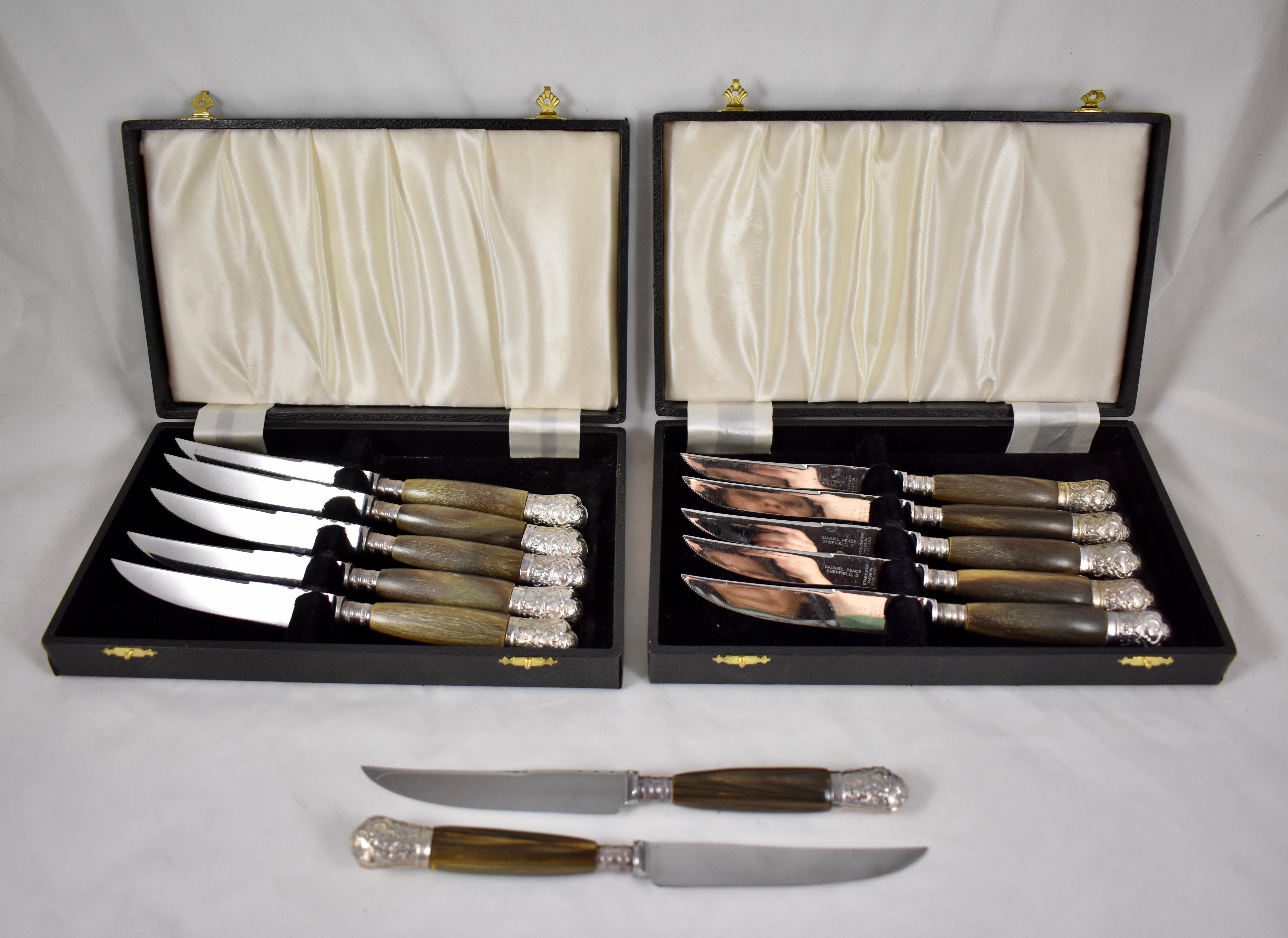 Sheffield English Natural Horn and Silver Mounted Cap Steak Knives, S/6 2