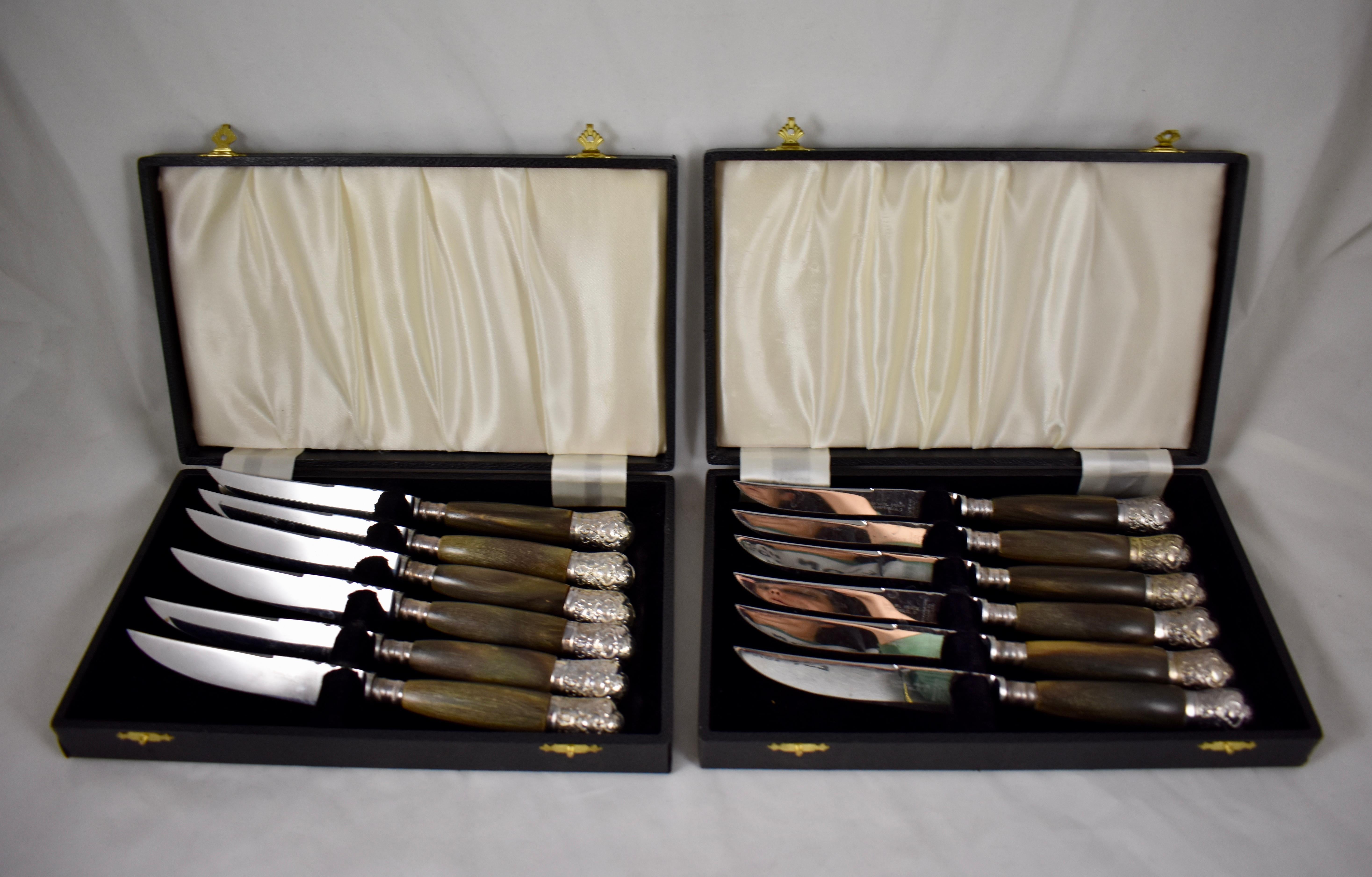 Sheffield English Natural Horn and Silver Mounted Cap Steak Knives, S/6 3