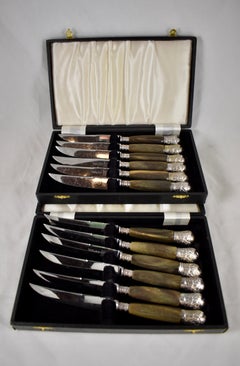 Sheffield English Natural Horn and Silver Mounted Cap Steak Knives, S/6