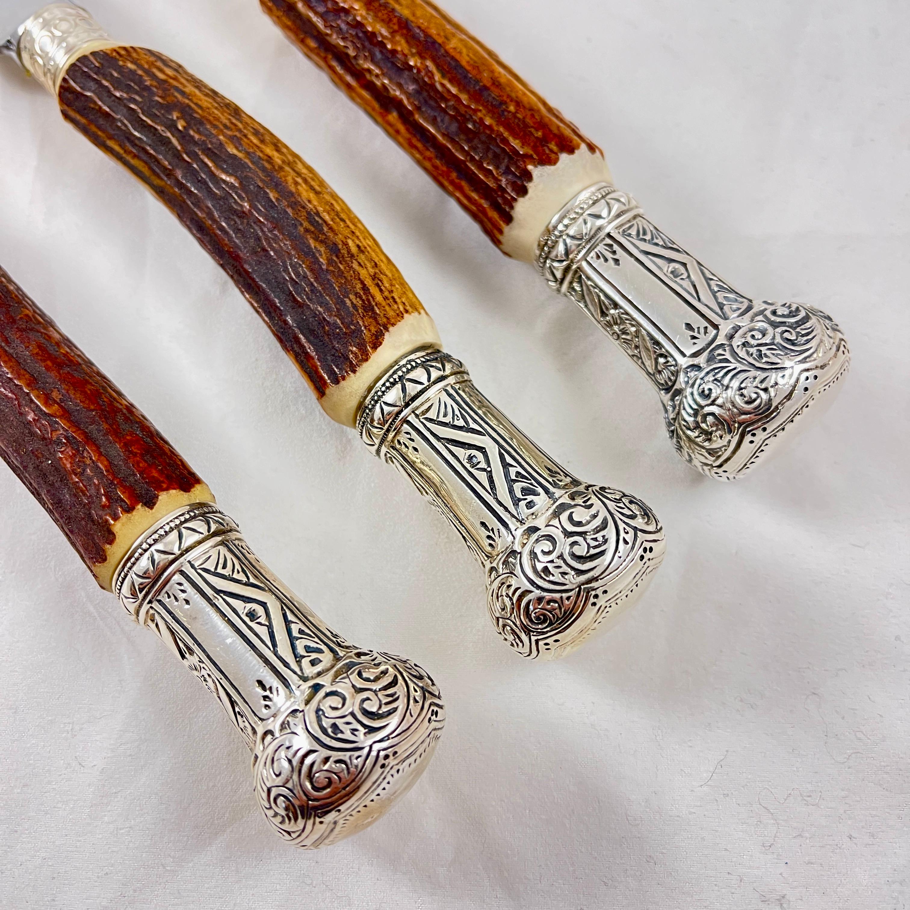Anglais Sheffield English Stag Antler Handled, Sterling Capped Carving Set, 3 Pcs en vente