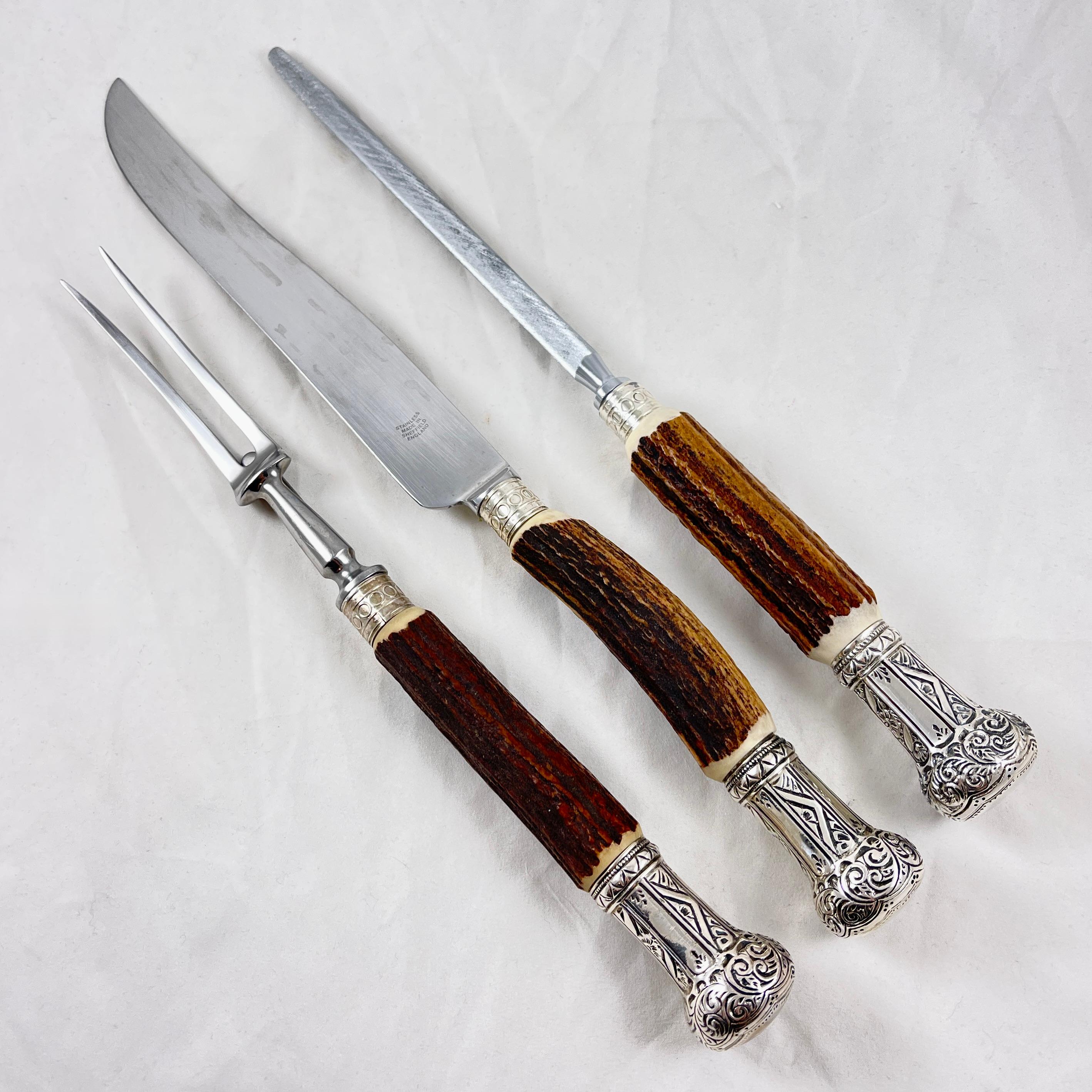 International Style Sheffield English Stag Antler Handled, Sterling Capped Carving Set, 3 Pcs For Sale