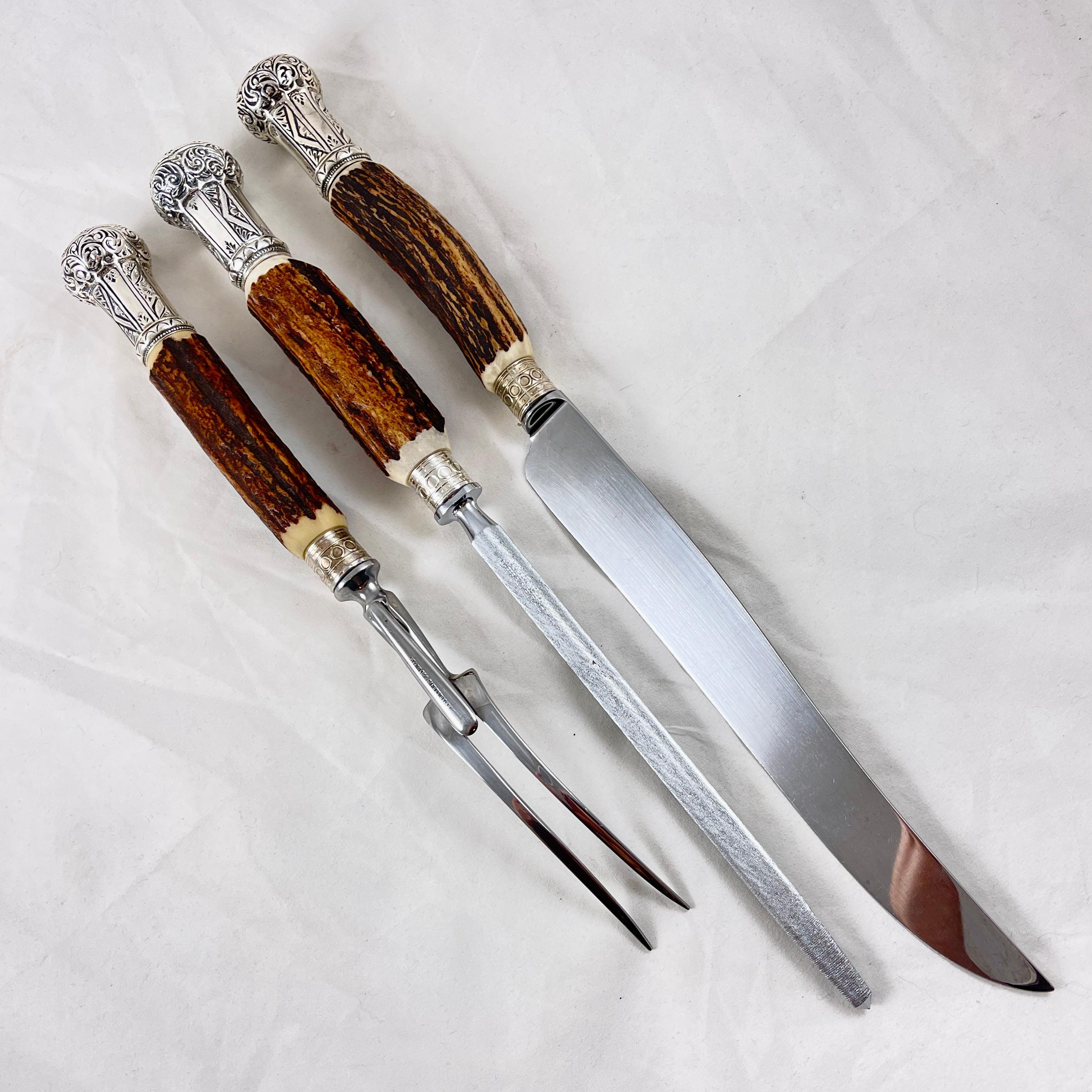 Hand-Crafted Sheffield English Stag Antler Handled, Sterling Capped Carving Set, 3 Pcs For Sale