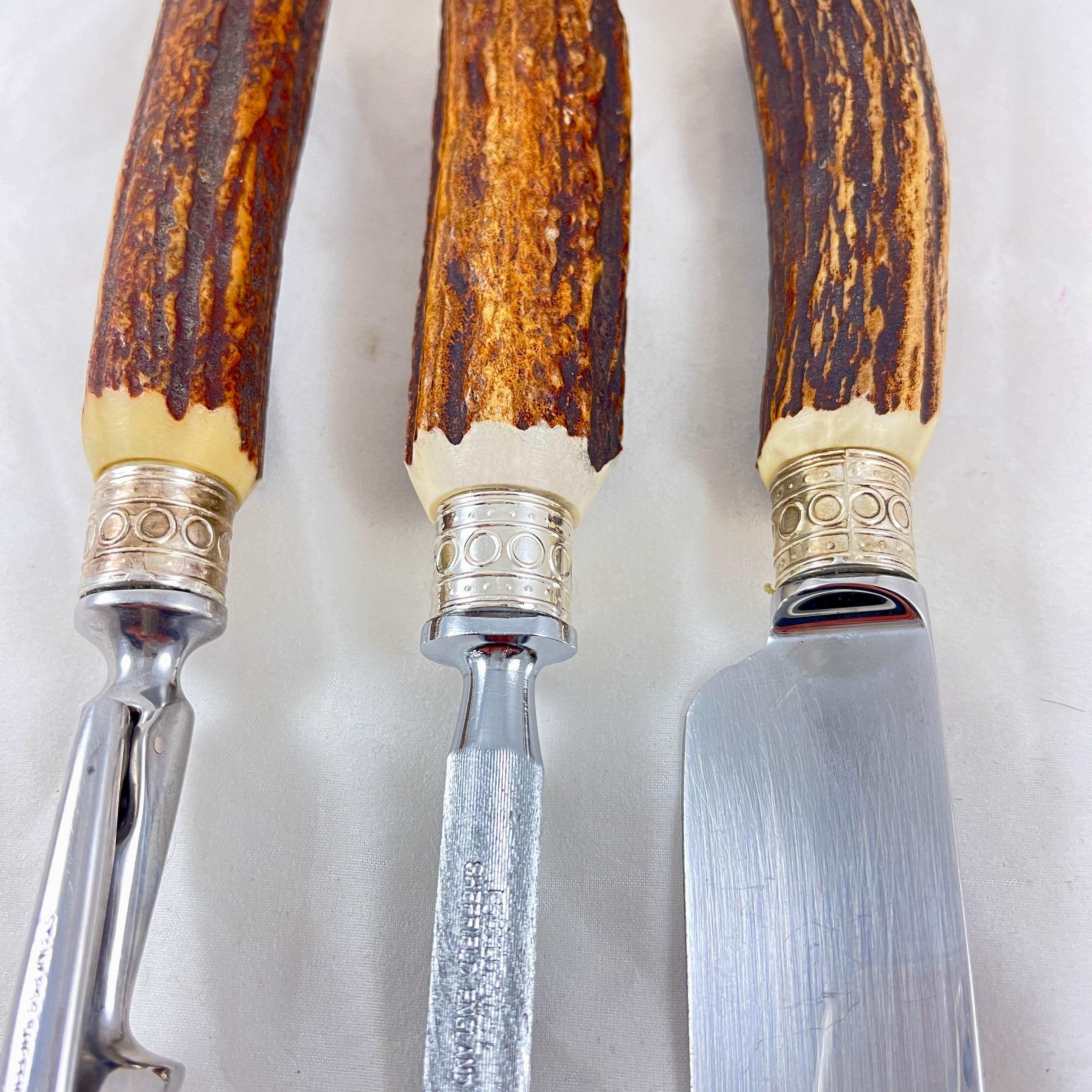 20th Century Sheffield English Stag Antler Handled, Sterling Capped Carving Set, 3 Pcs For Sale