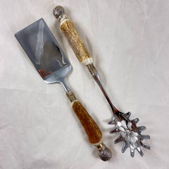 Sheffield English Stag Antler Handled, Sterling Silver Capped Pasta Servers, S/2