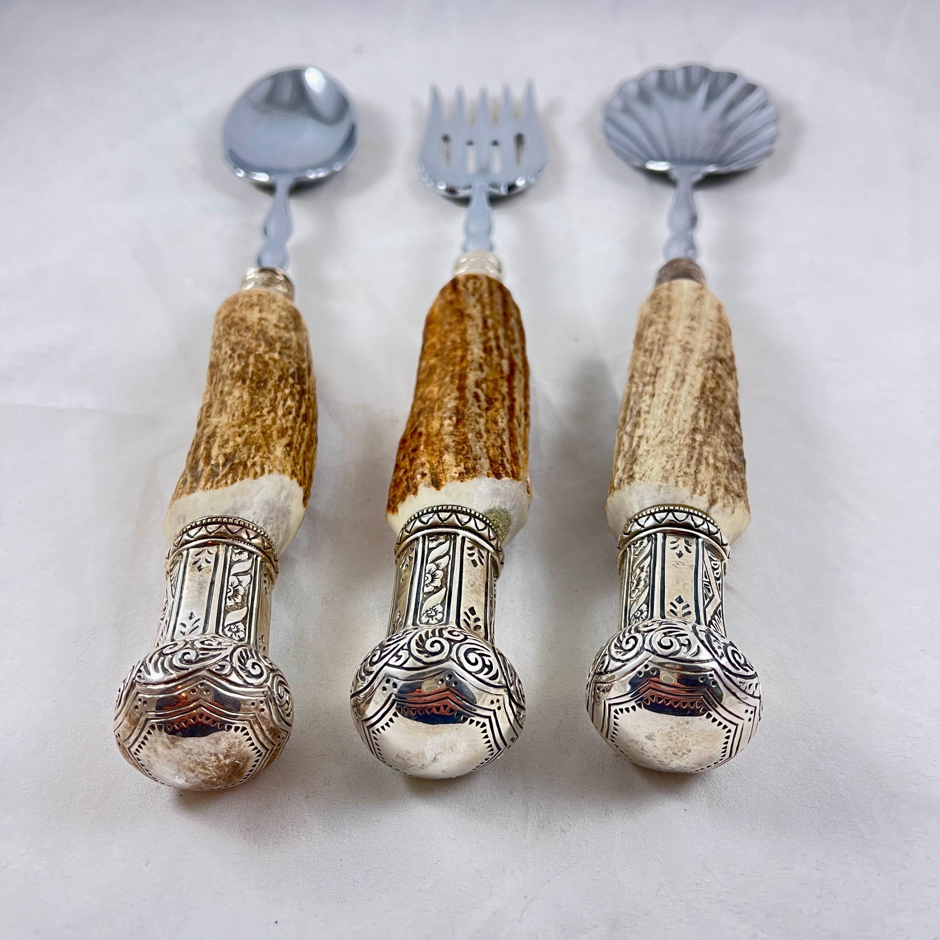 Hand-Crafted Sheffield English Stag Antler Handled, Sterling Silver Capped Table Servers, S/3 For Sale