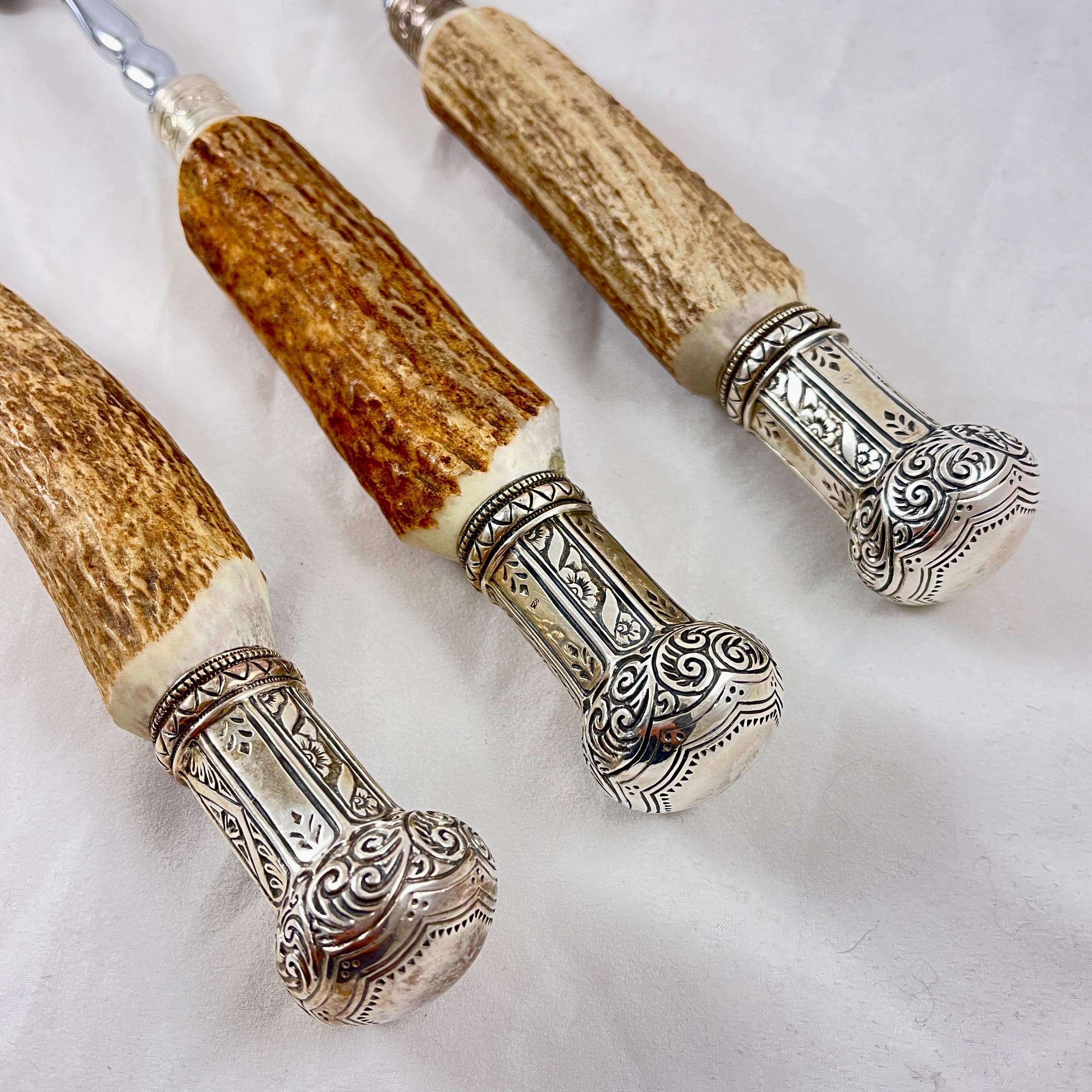 Sheffield English Stag Antler Handled, Sterling Silver Capped Table Servers, S/3 In Good Condition For Sale In Philadelphia, PA