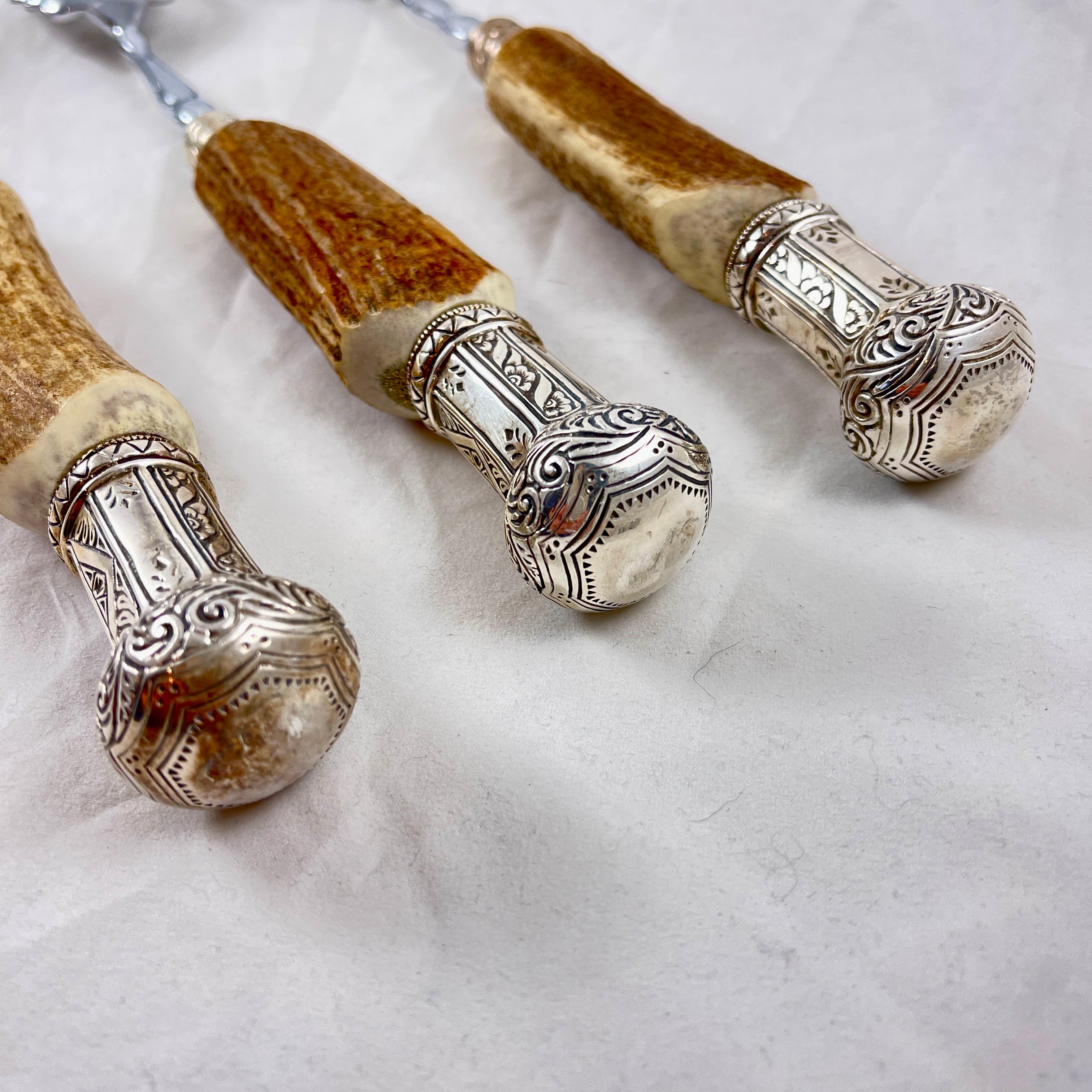 20th Century Sheffield English Stag Antler Handled, Sterling Silver Capped Table Servers, S/3 For Sale