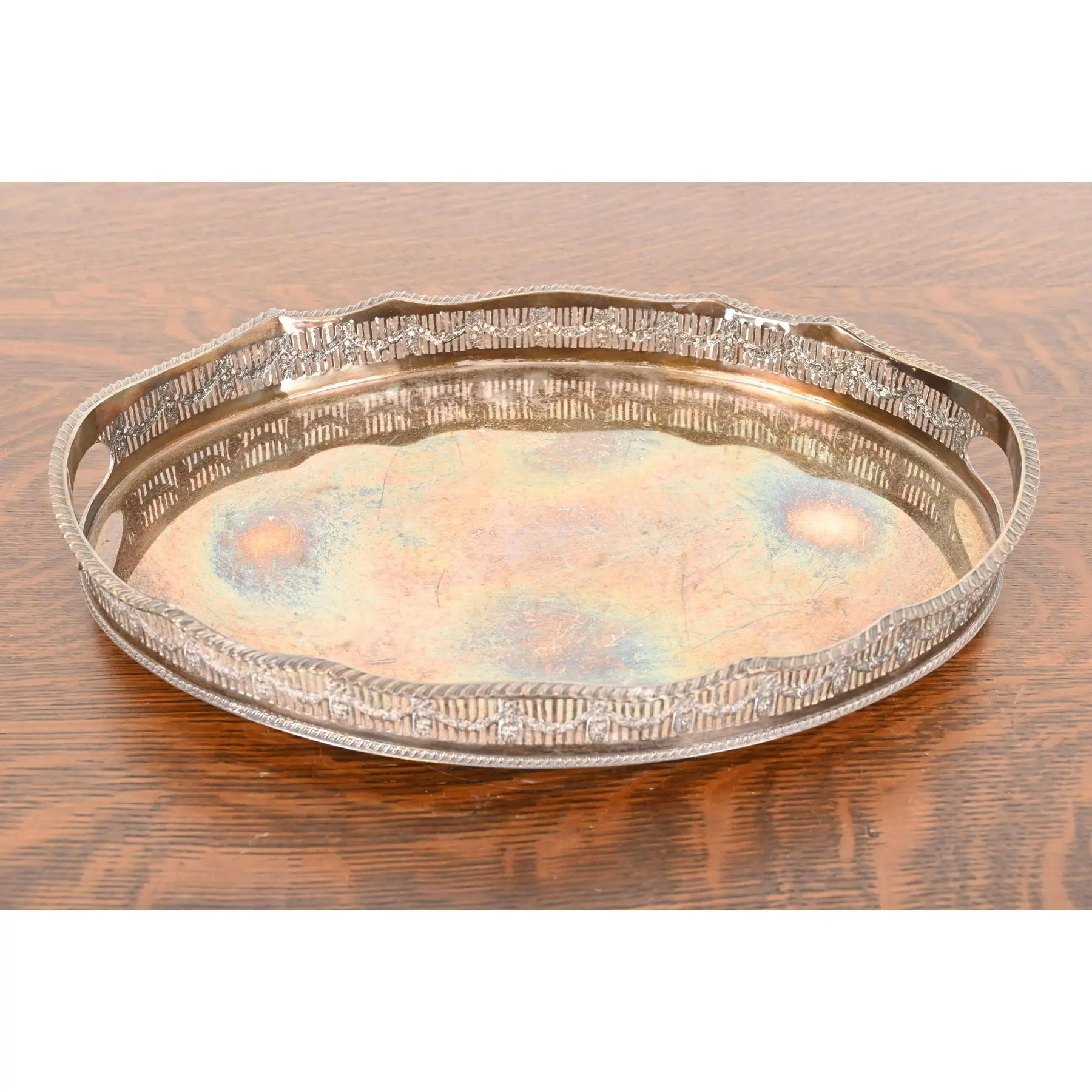 British Sheffield English Victorian Silverplate Handled Reticulated Serving Tea Tray For Sale