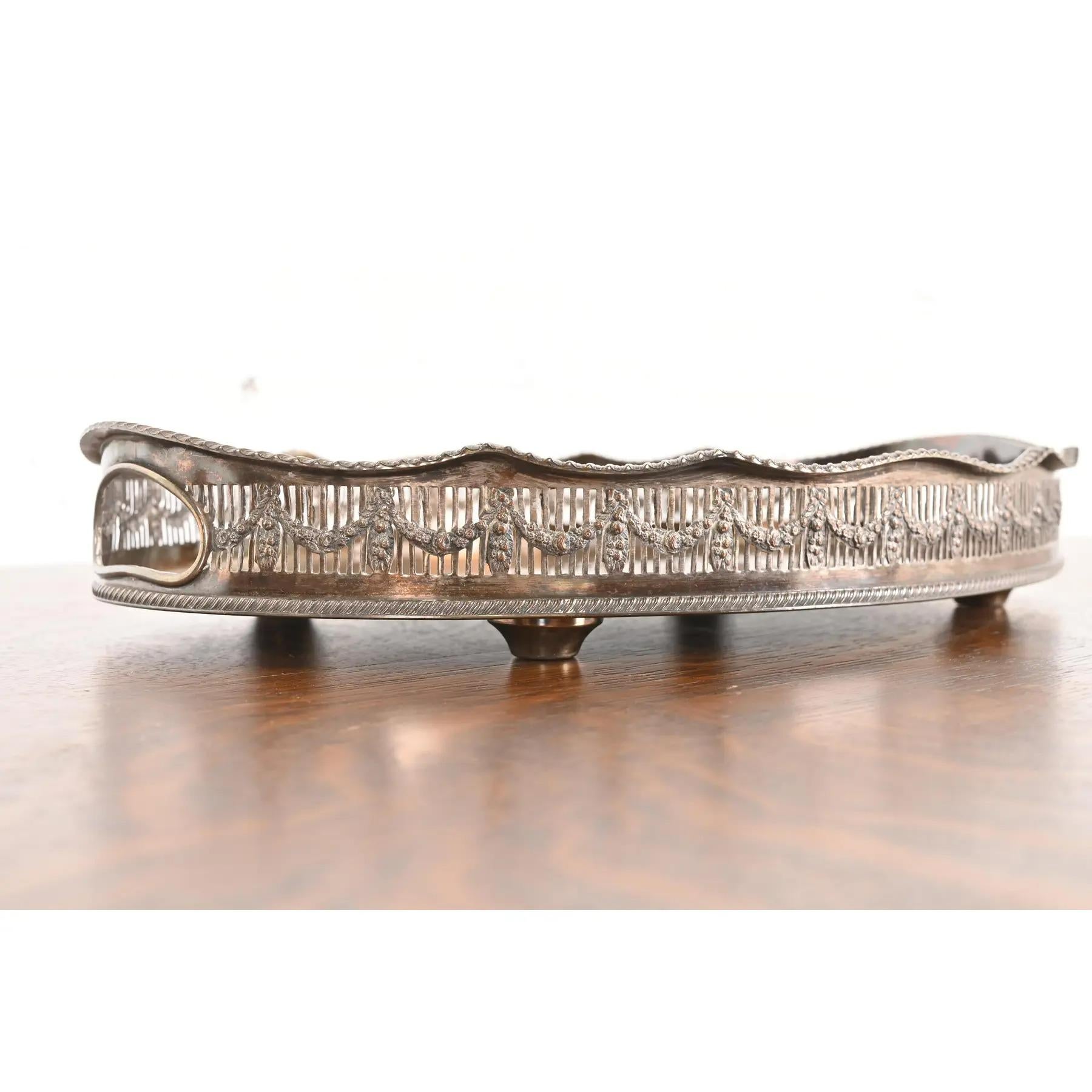 Silver Plate Sheffield English Victorian Silverplate Handled Reticulated Serving Tea Tray For Sale