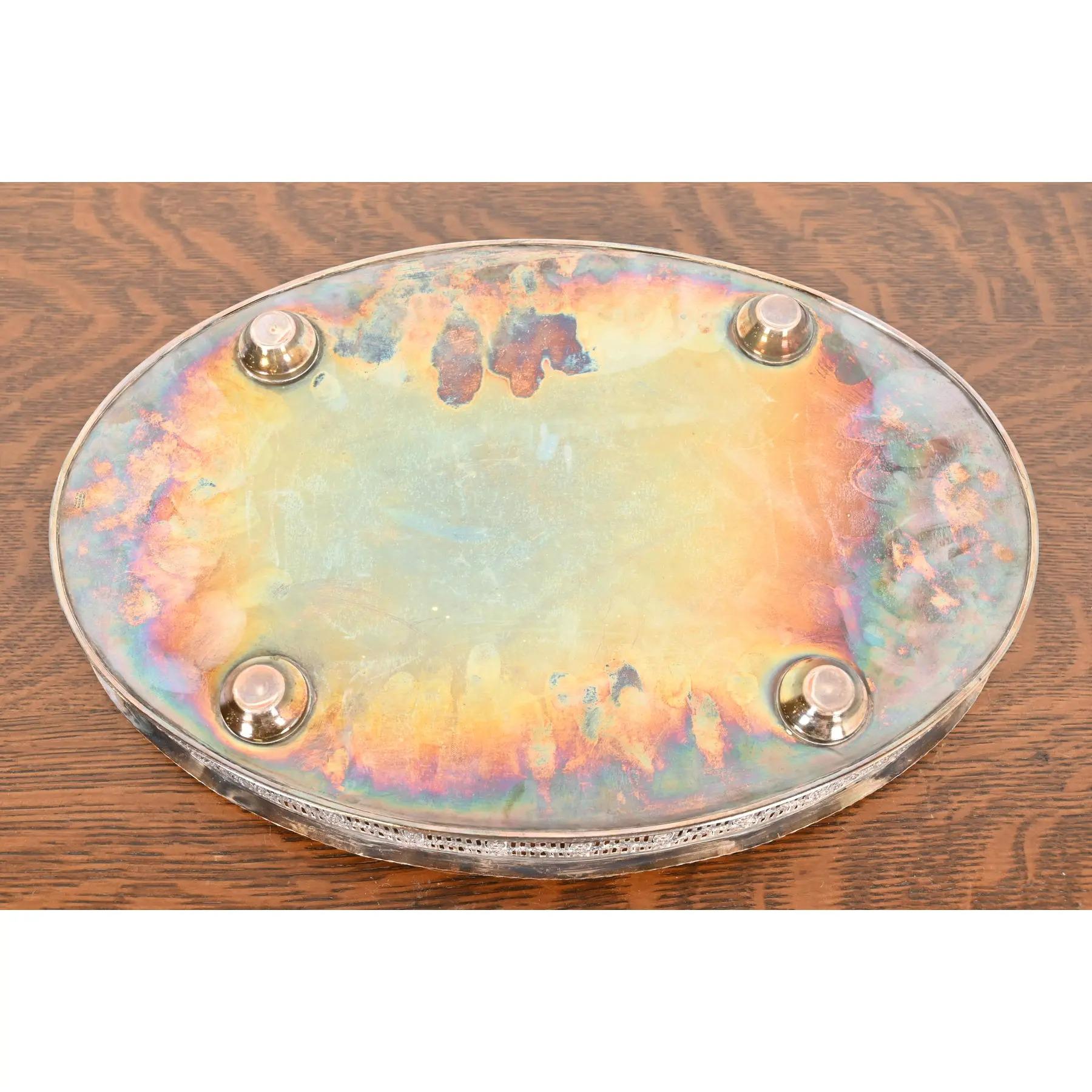 Sheffield English Victorian Silverplate Handled Reticulated Serving Tea Tray For Sale 3