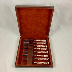 Sheffield Imari Style Porcelain Handled Silver Table Knives, Cased Set of Eight