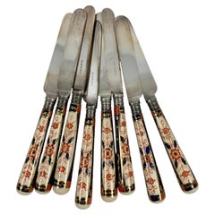 Sheffield Imari Style Porcelain Handled Silver Table Knives, Cased Set of Eight