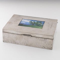 Sheffield Zinn Zigarrenbox mit Landschaft Emaille c1910
