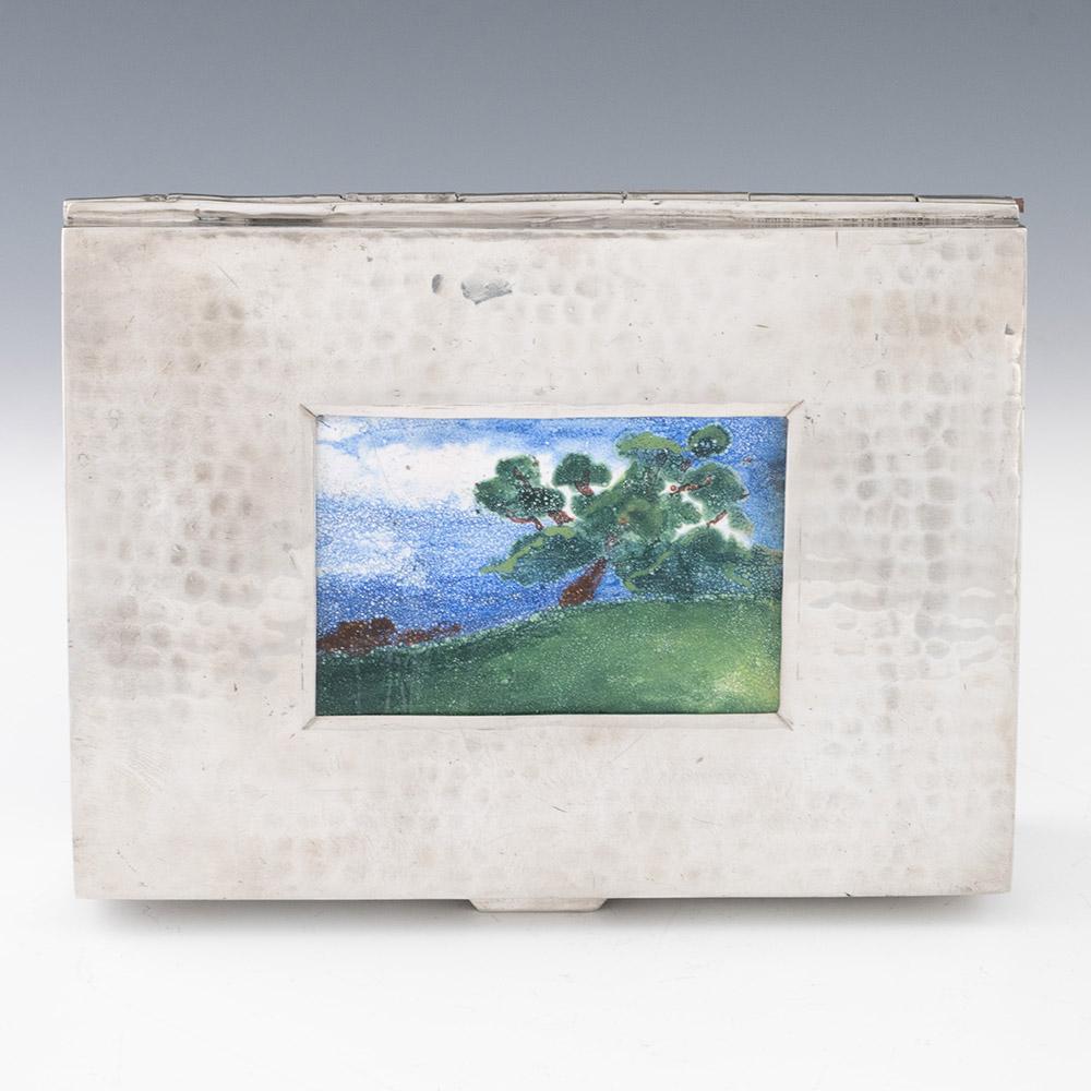 Caja para puros de peltre de Sheffield con esmalte de paisaje c1910 Peltre en venta
