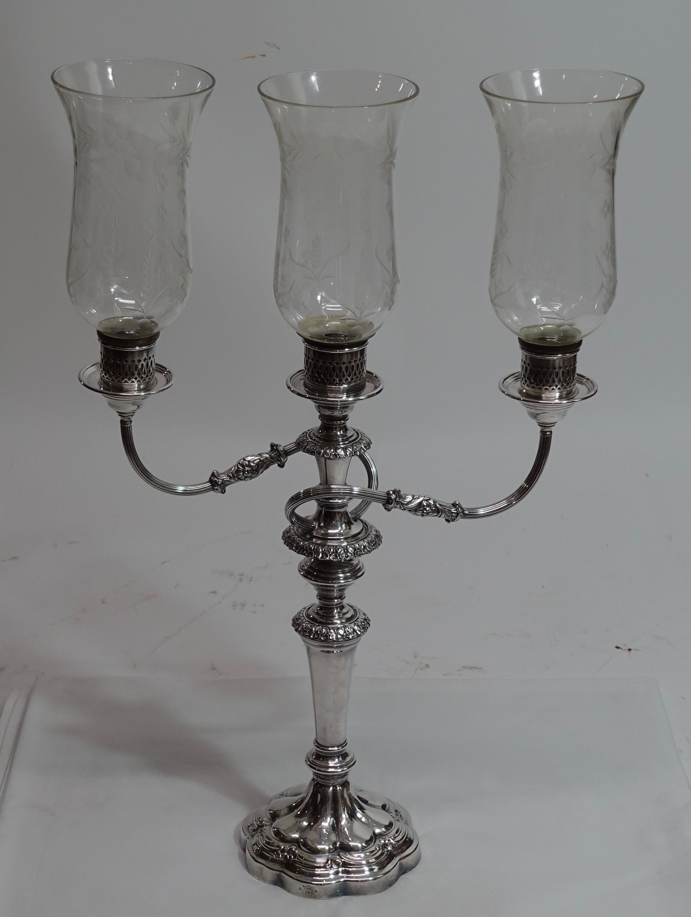 Sheffield Plate Sheffield Silver Candelabra with Etched Hurricane Shades, English, 19th Century For Sale