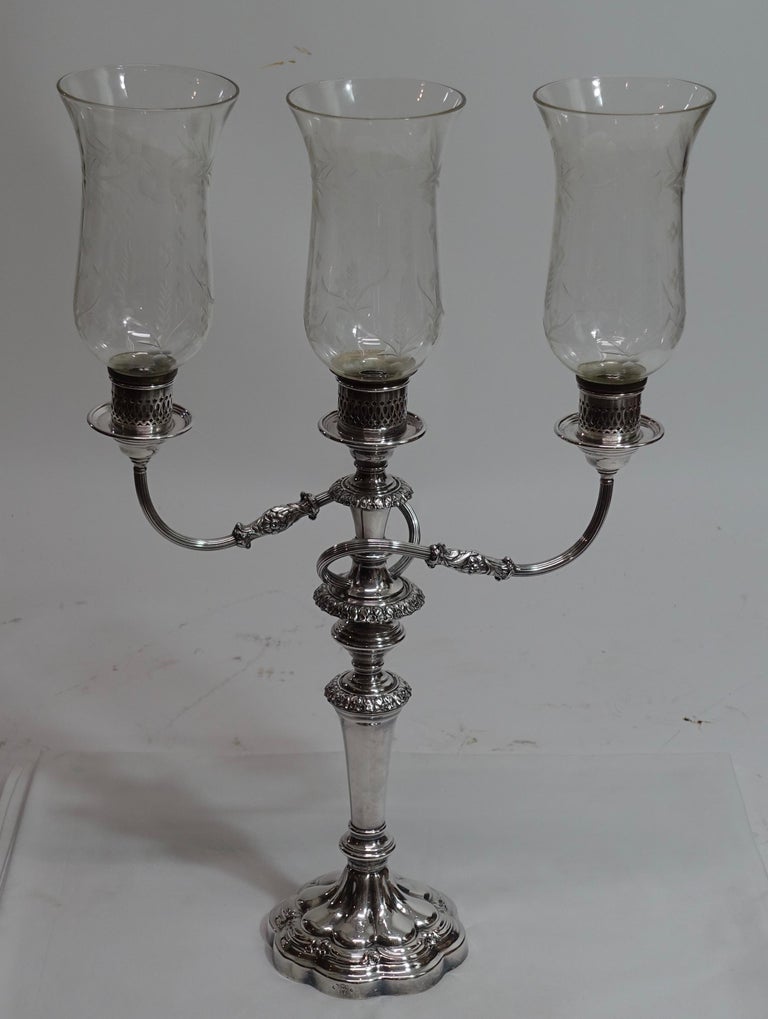 Sheffield Silver Candelabra with Etched Hurricane Shades, English, 19th