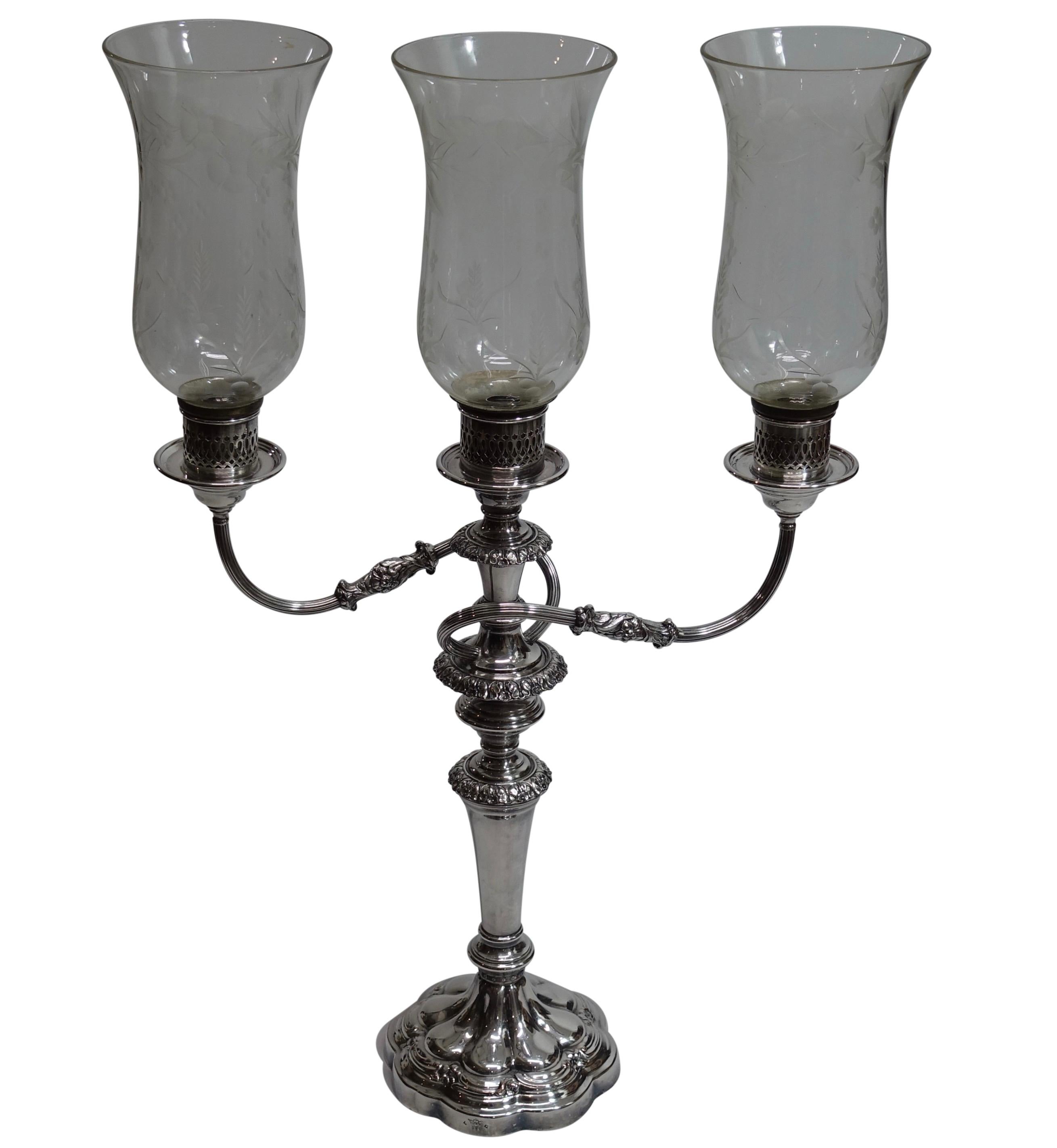 Sheffield Silver Candelabra with Etched Hurricane Shades, English, 19th Century For Sale