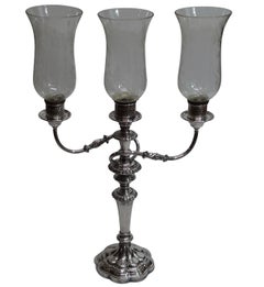 Sheffield Silver Candelabra with Etched Hurricane Shades, English, 19th Century