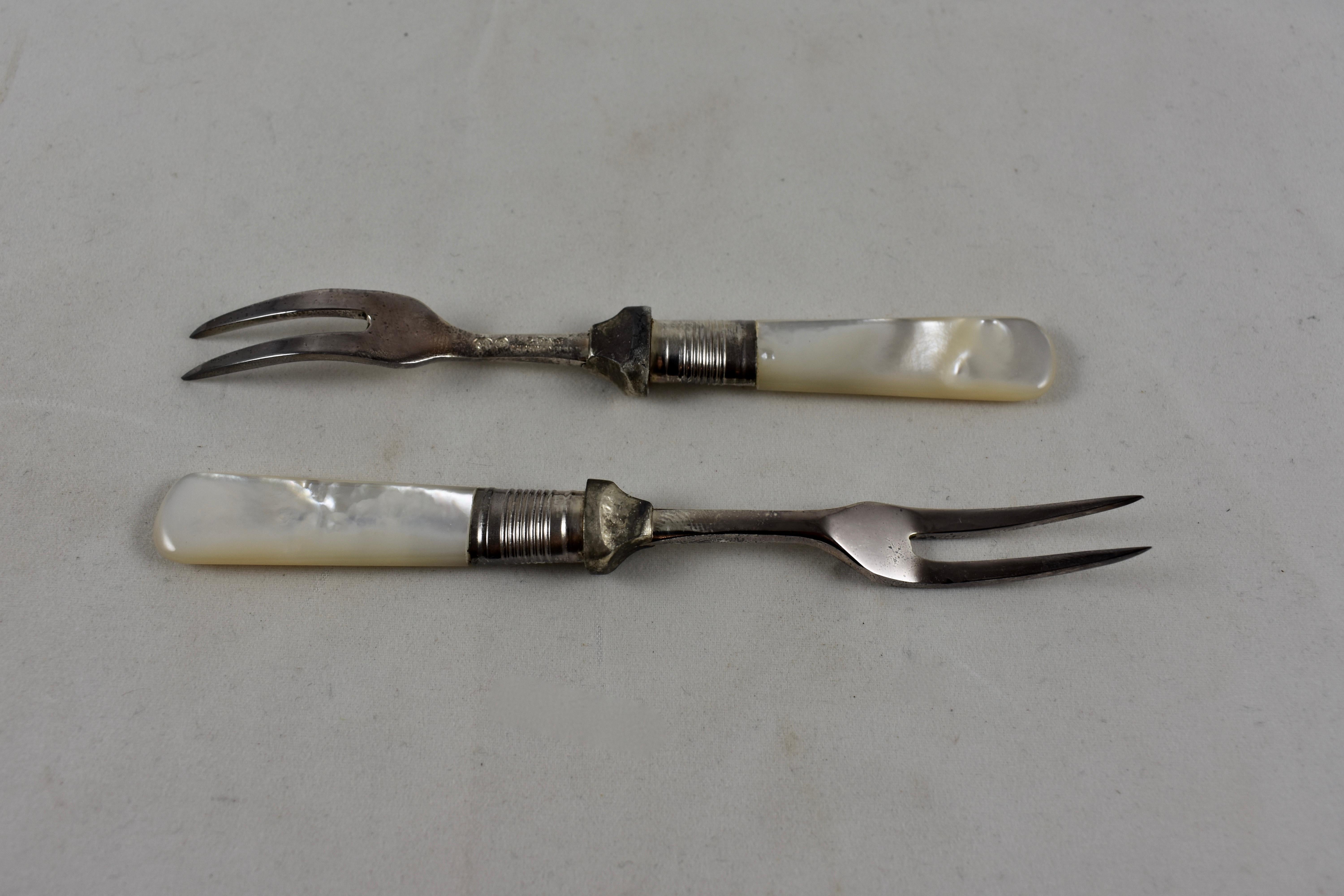 English  Sheffield Silver & Pearl Handle Antipasto, Seafood or Hors d’Oeuvre Forks- S/12
