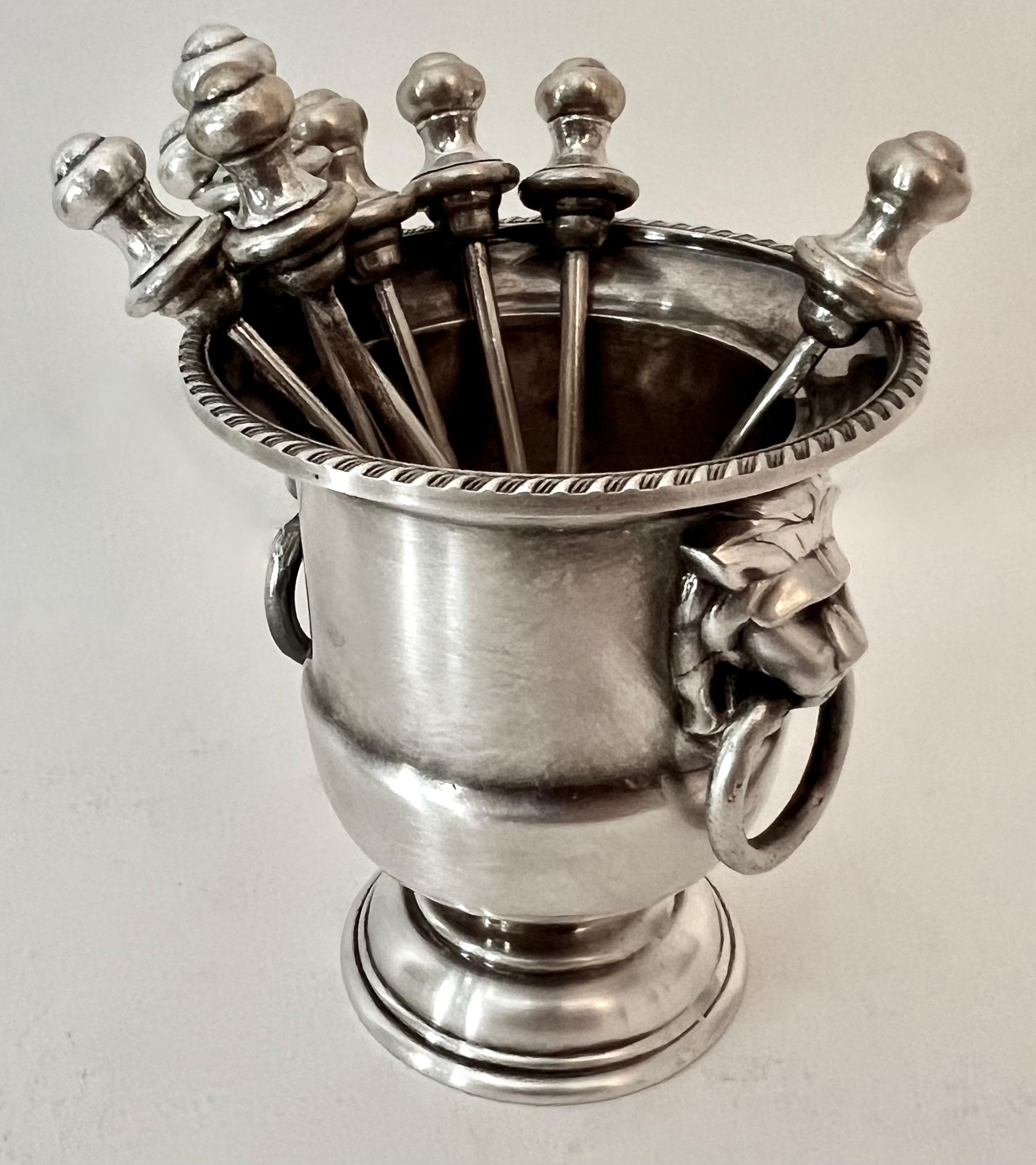 Sheffield Silver Pick Holder with Lions and 8 Silver Plate Cocktail Picks In Good Condition For Sale In Los Angeles, CA