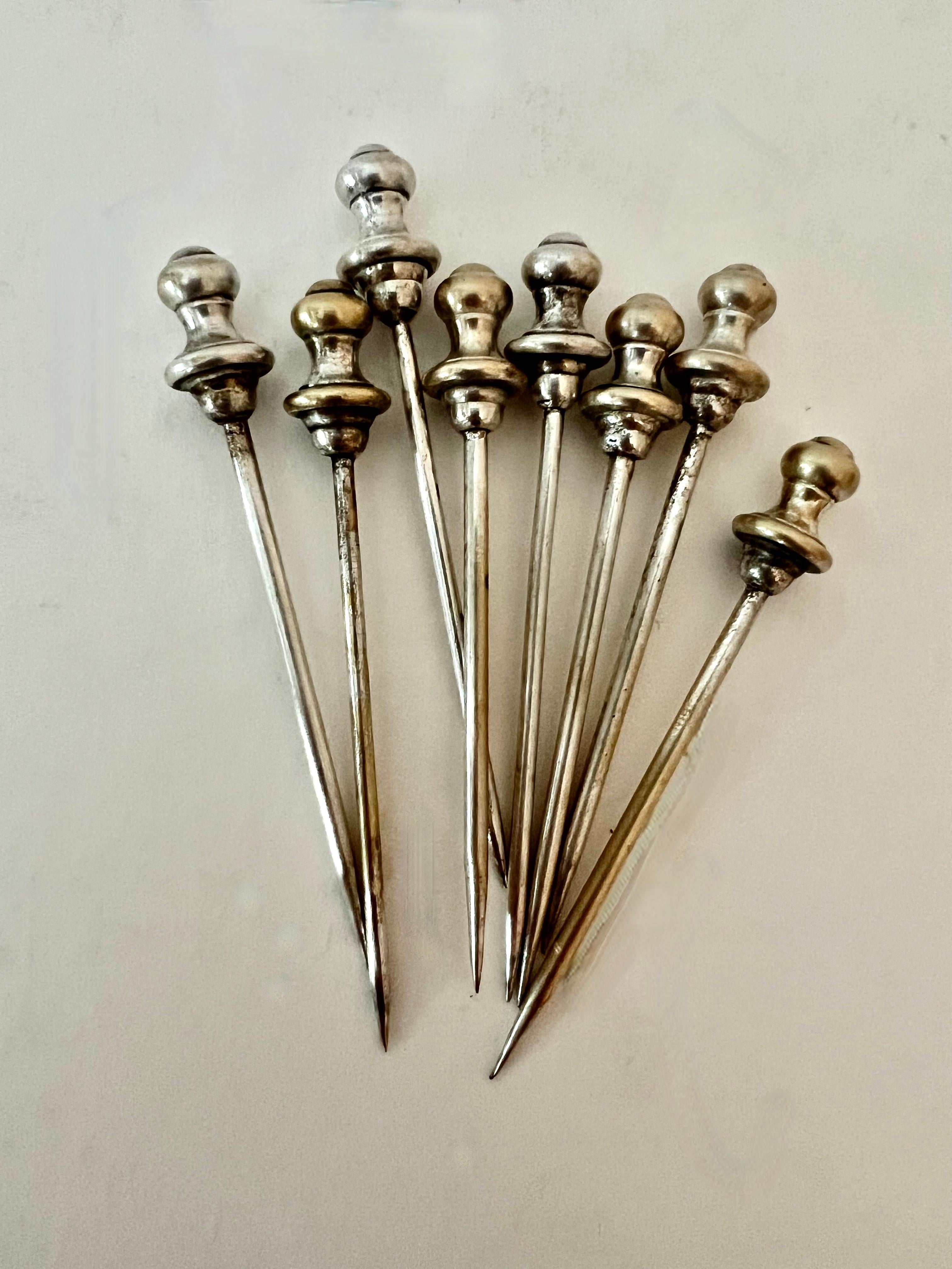 20th Century Sheffield Silver Pick Holder with Lions and 8 Silver Plate Cocktail Picks For Sale
