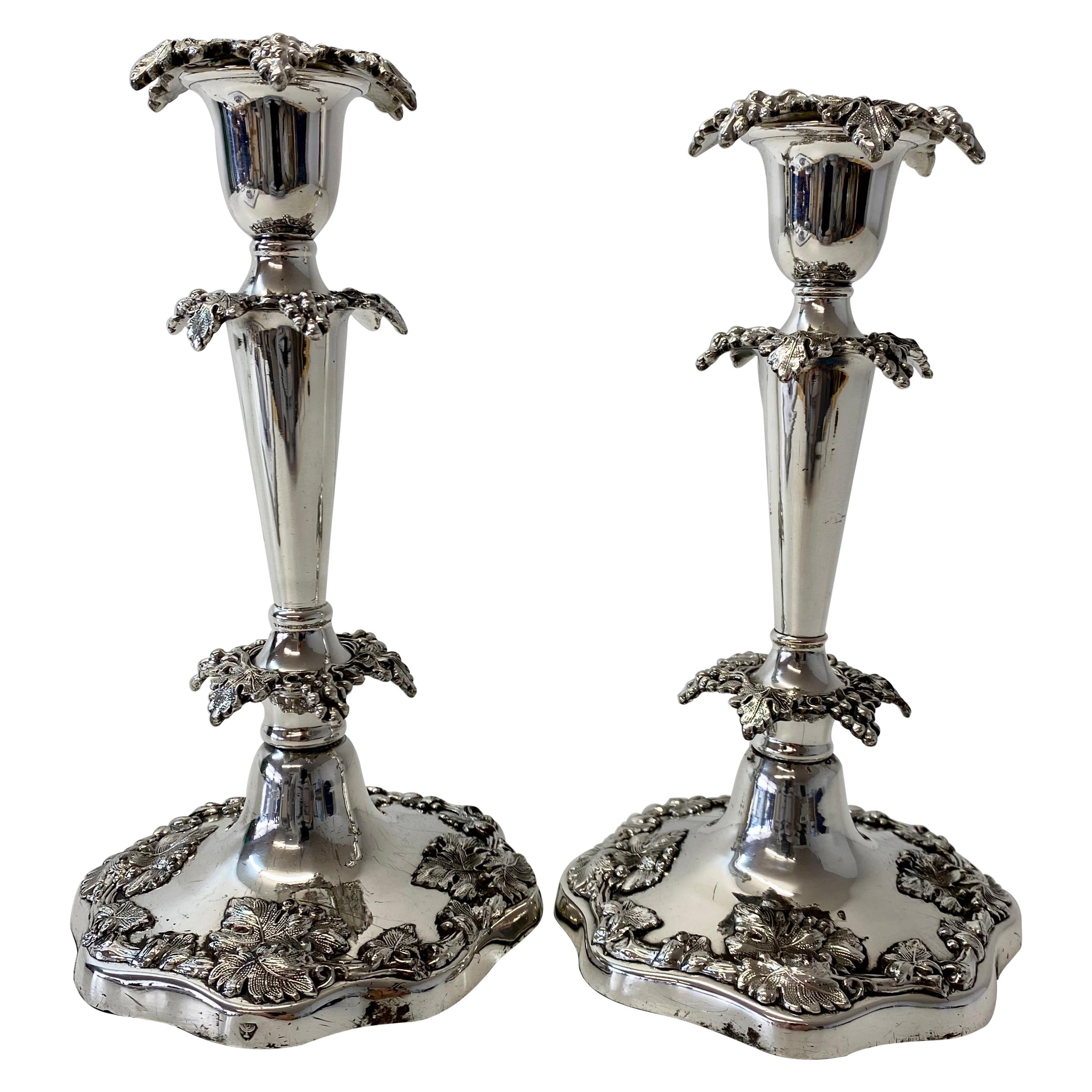 Sheffield Silver Plate Candle Holders W/ Sterling Silver Mounts, Mid 20th C. For Sale