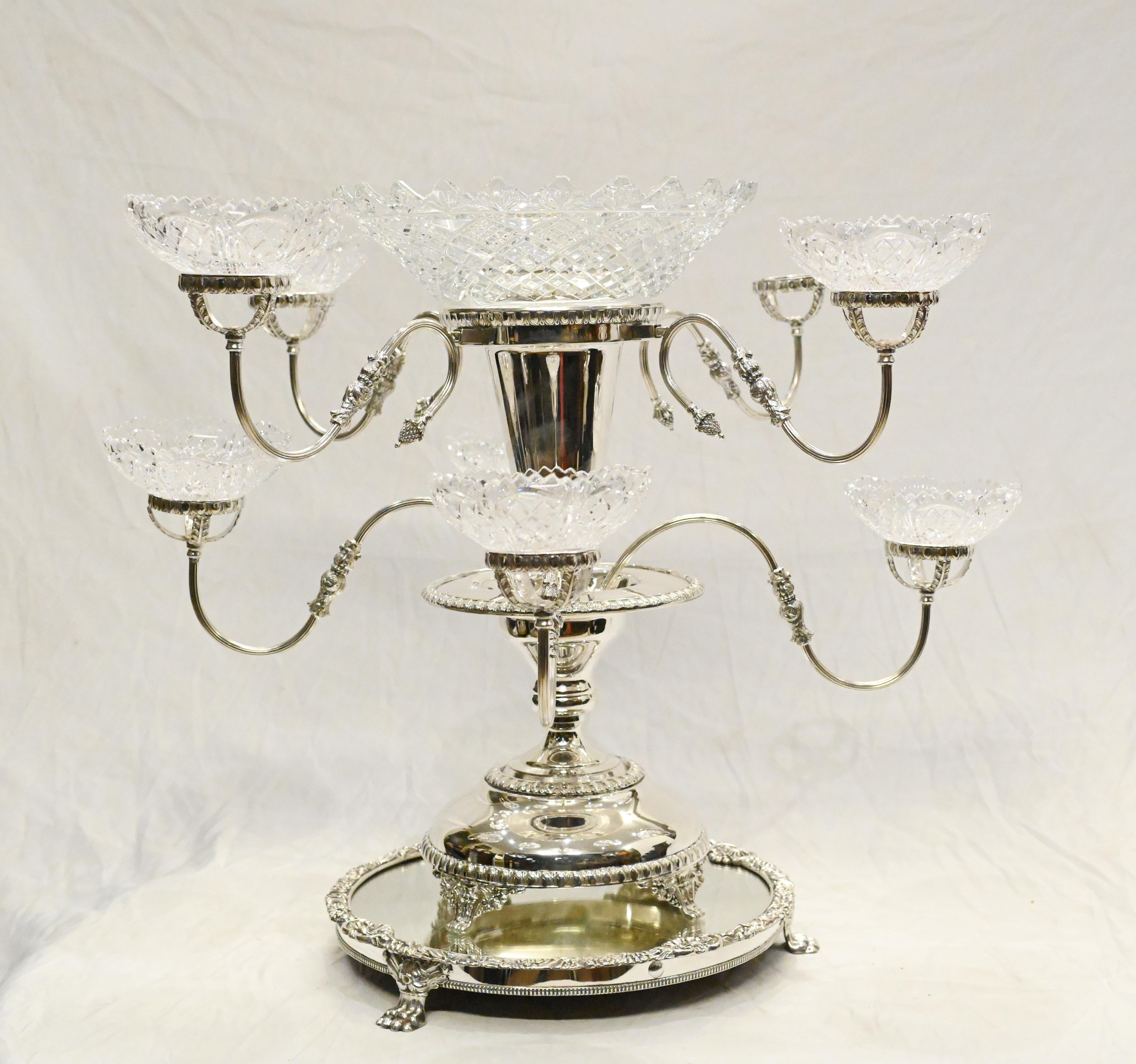 Sheffield Silver Plate Centrepiece Glass Epergne Stand For Sale 3