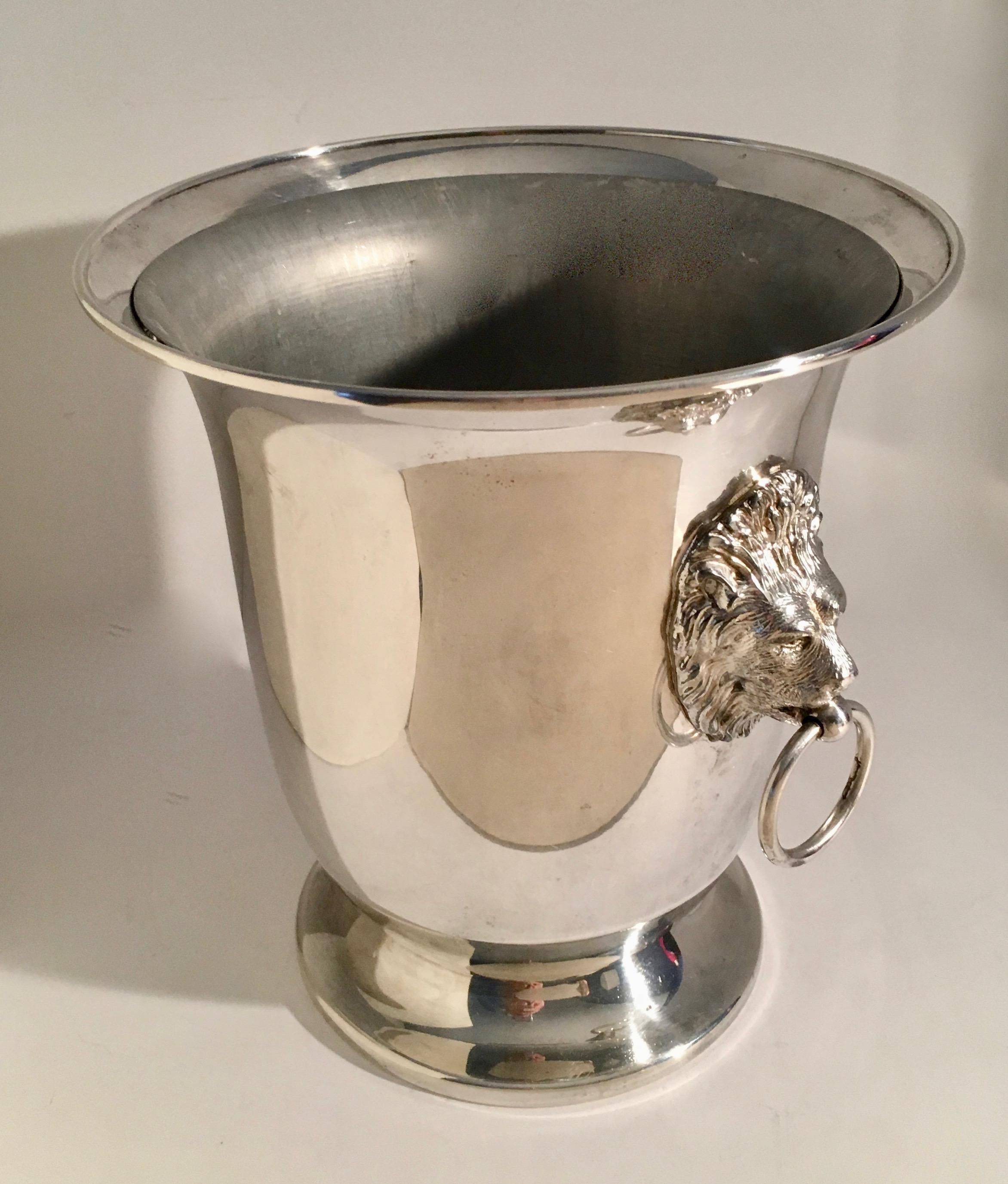 Mid-Century Modern Sheffield Silver Plate Champagne Bucket with Lion Head Handles