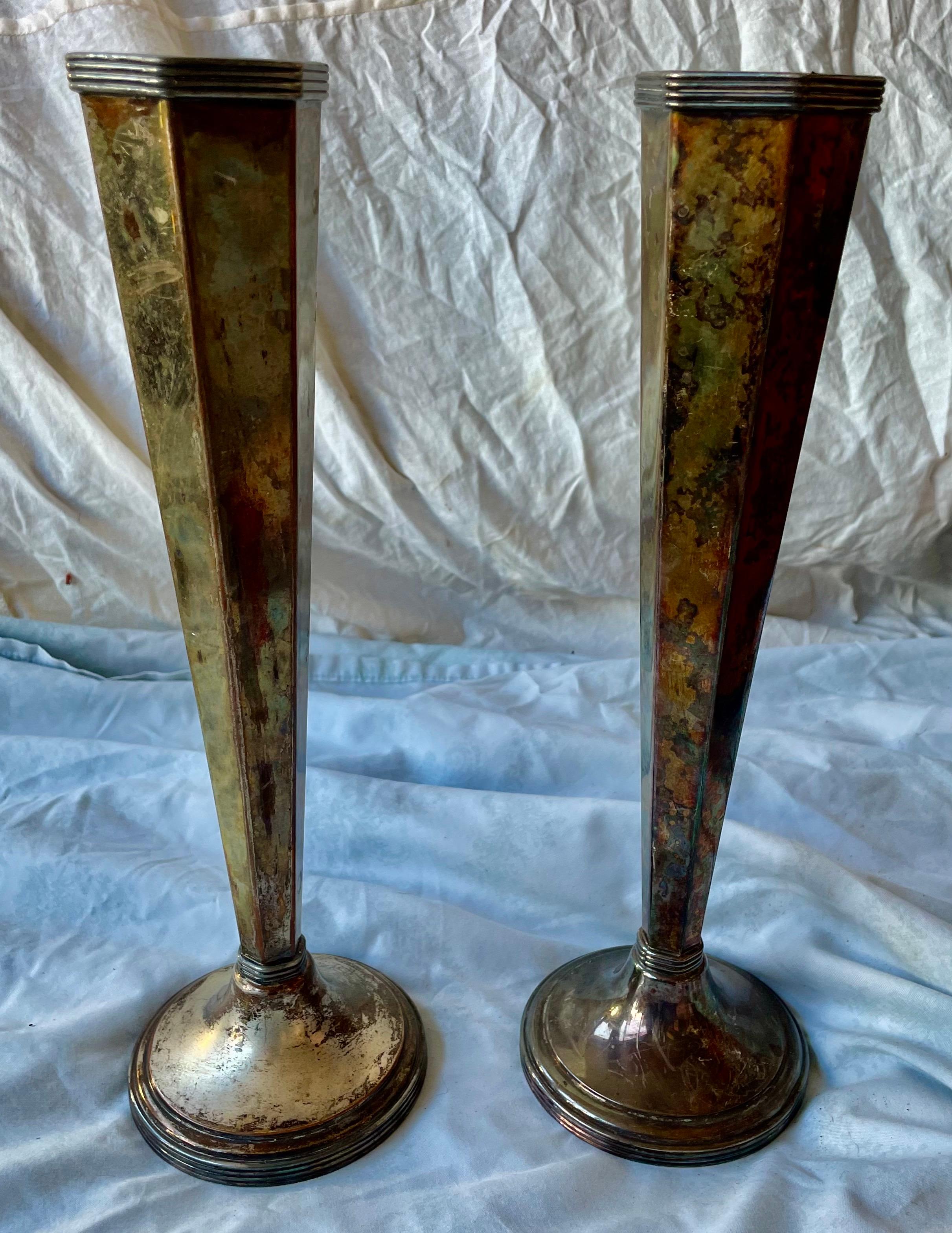 Sheffield Silver Plate Hexagonal Trumpet Vases Pair For Sale 3