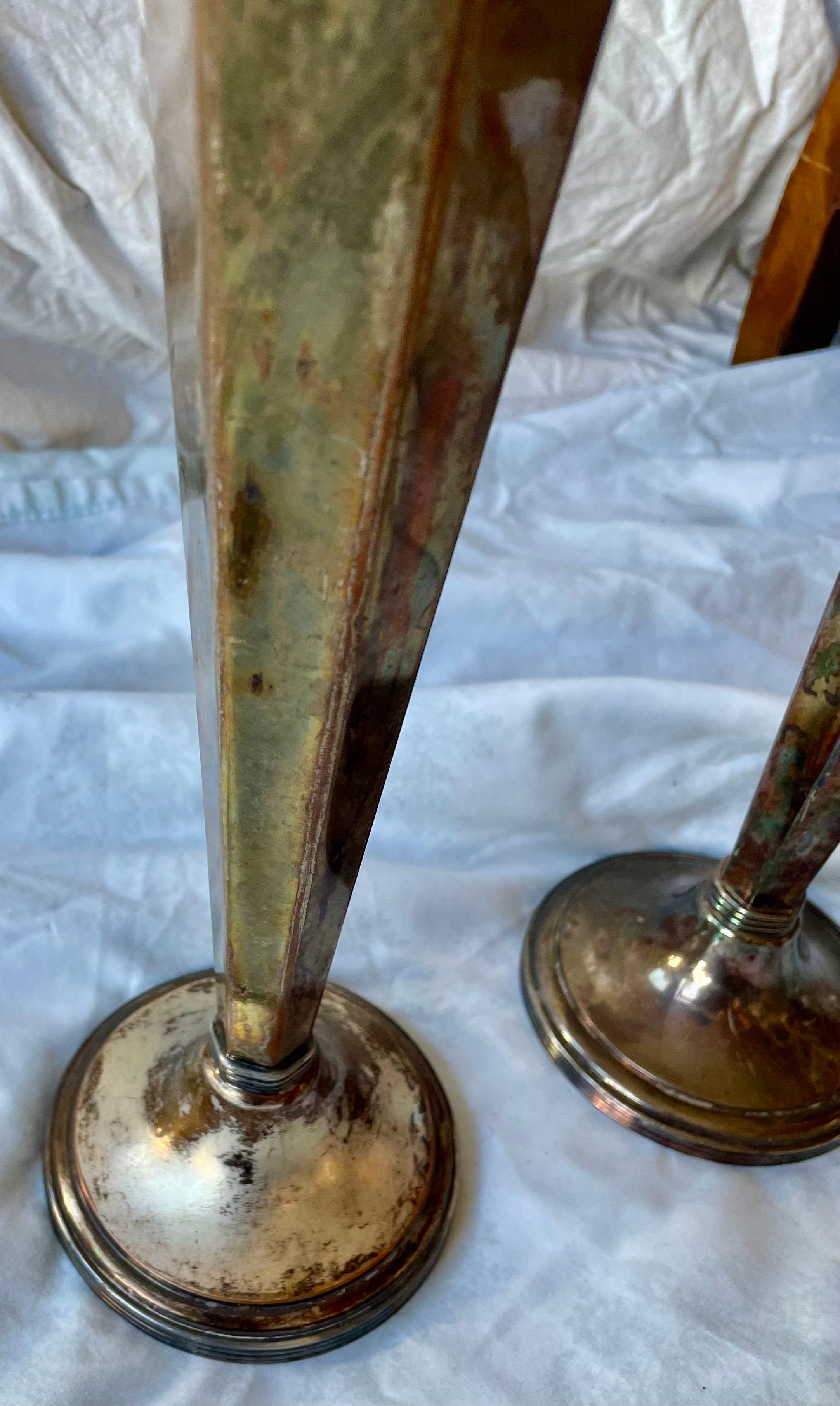 Art Deco Sheffield Silver Plate Hexagonal Trumpet Vases Pair For Sale