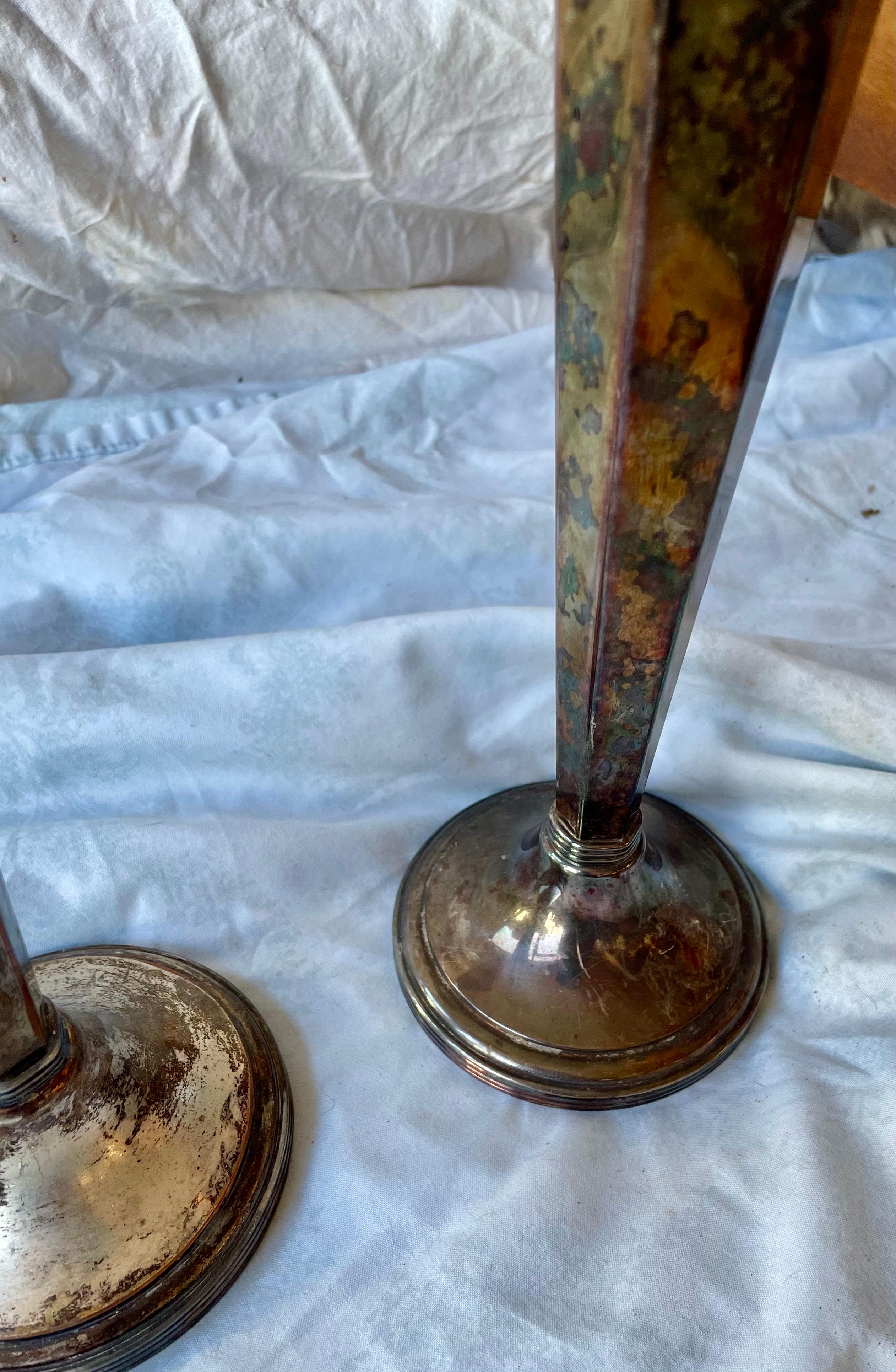 British Sheffield Silver Plate Hexagonal Trumpet Vases Pair For Sale