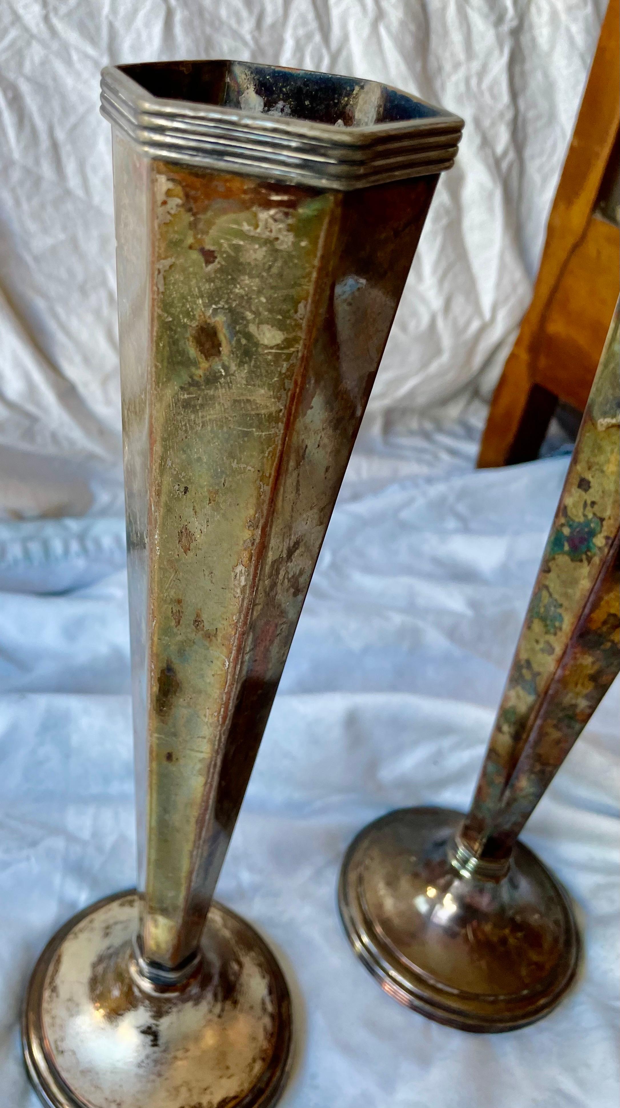 Sheffield Silver Plate Hexagonal Trumpet Vases Pair In Fair Condition For Sale In Clifton Forge, VA