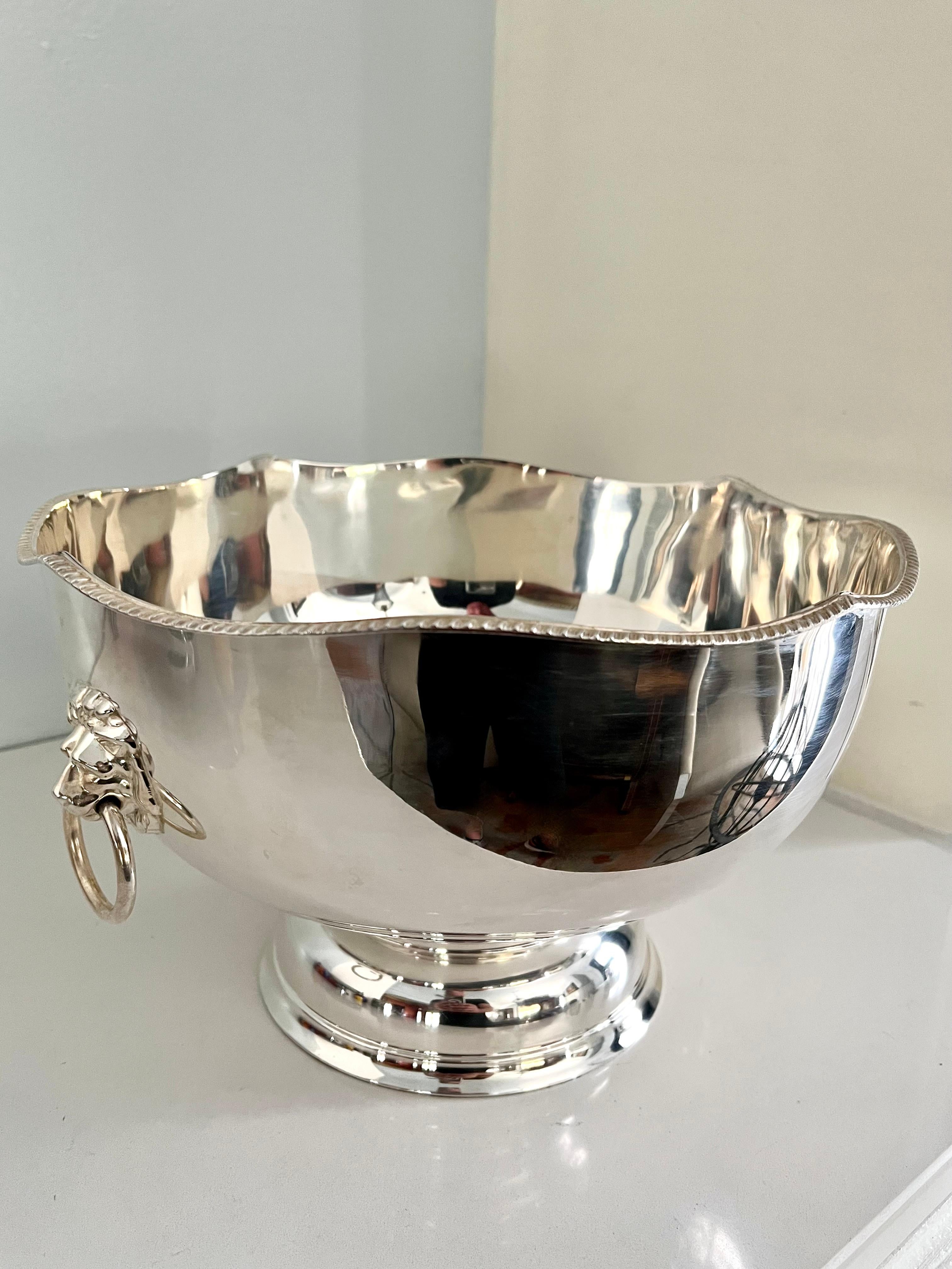 English Sheffield Style Silver Plate Scallop Punch Ice Bowl with Lion Head Rings Details For Sale