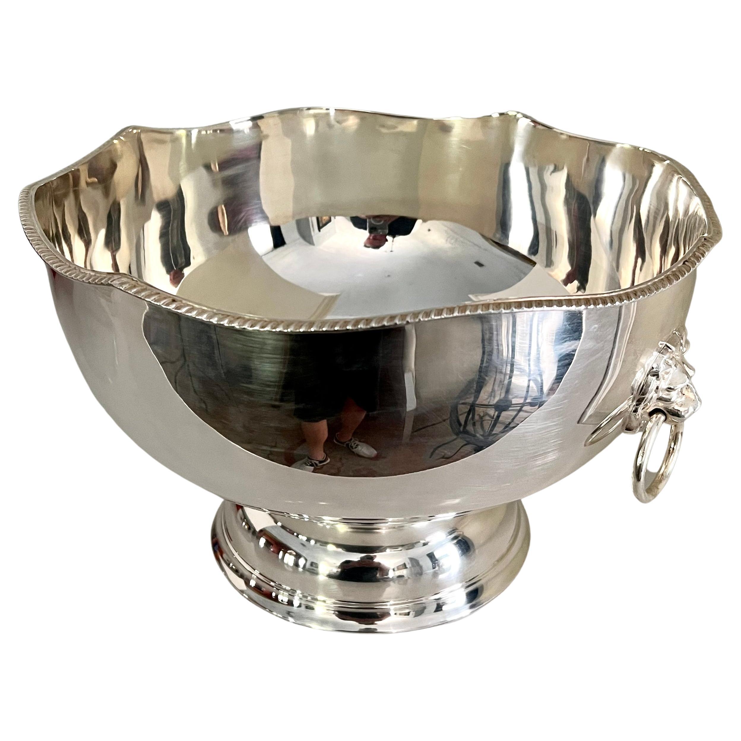 Sheffield Style Silver Plate Scallop Punch Ice Bowl with Lion Head Rings Details