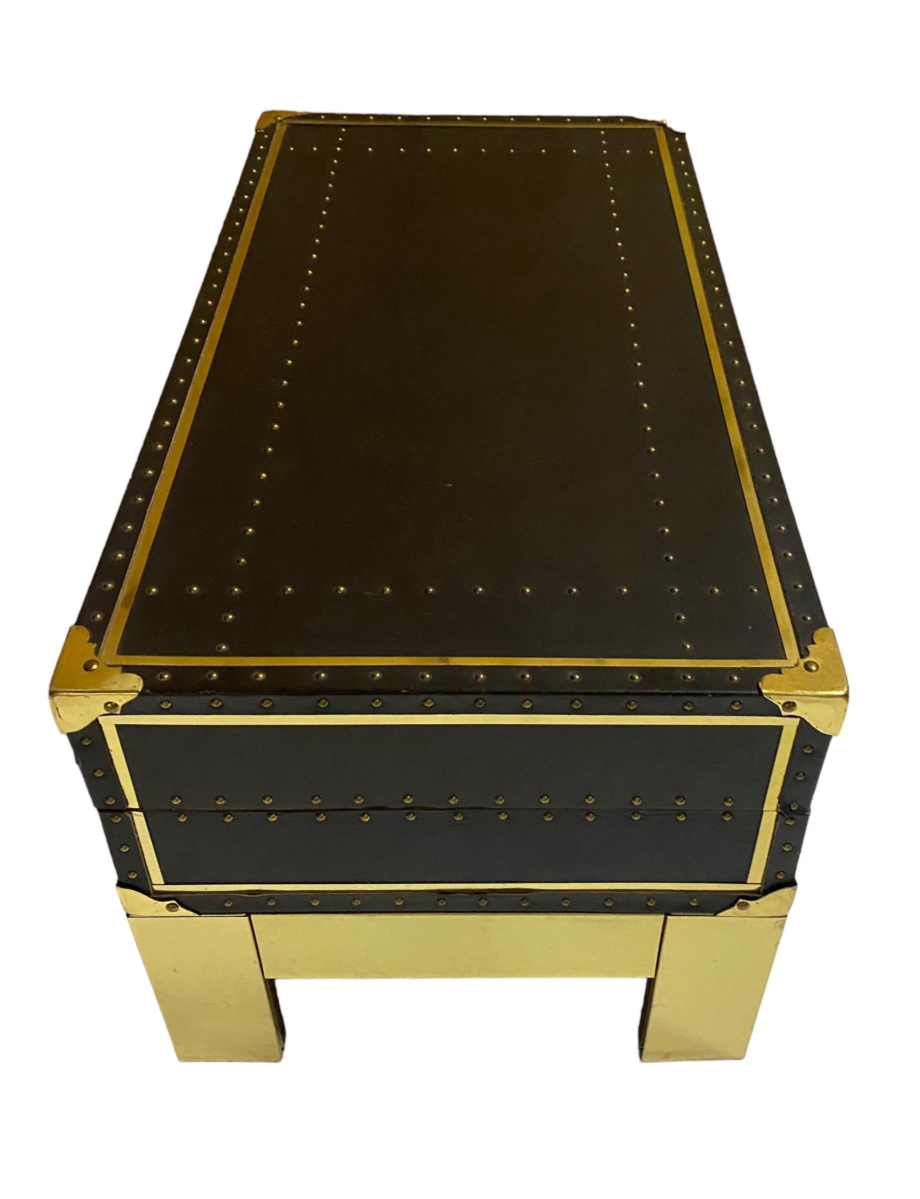 Sheik Campaign Style 1970s Brass Studded Leather Trunk on Brass Stand  In Good Condition For Sale In West Palm Beach, FL