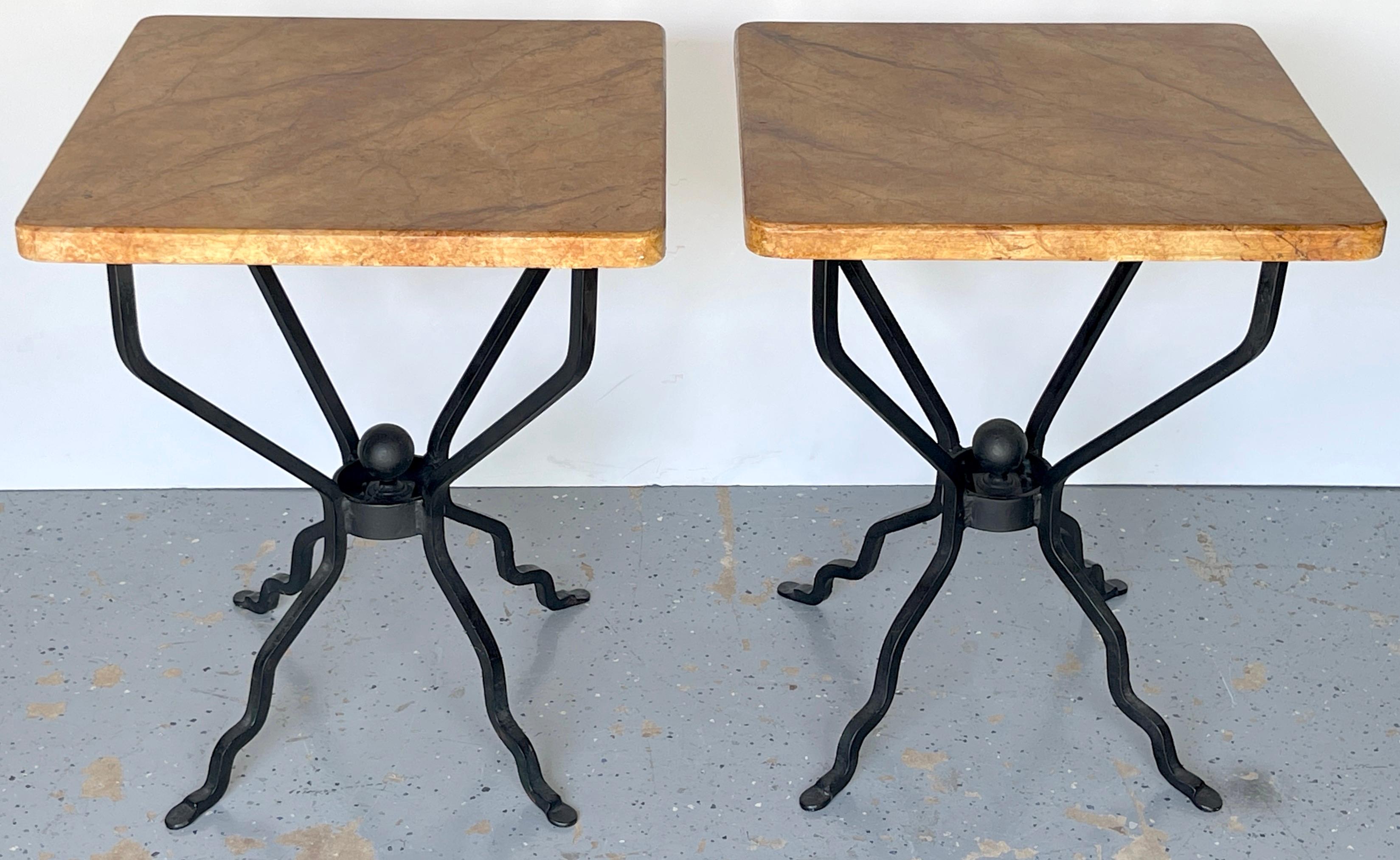 Pair of French Modern Iron & Marbleized Wood  End Tables 
French Designer, Circa 1950s

A  pair of stylish French Modern iron & marbleized wood end tables, designed in France in the the 1950s. These end tables exude understated elegance, making them