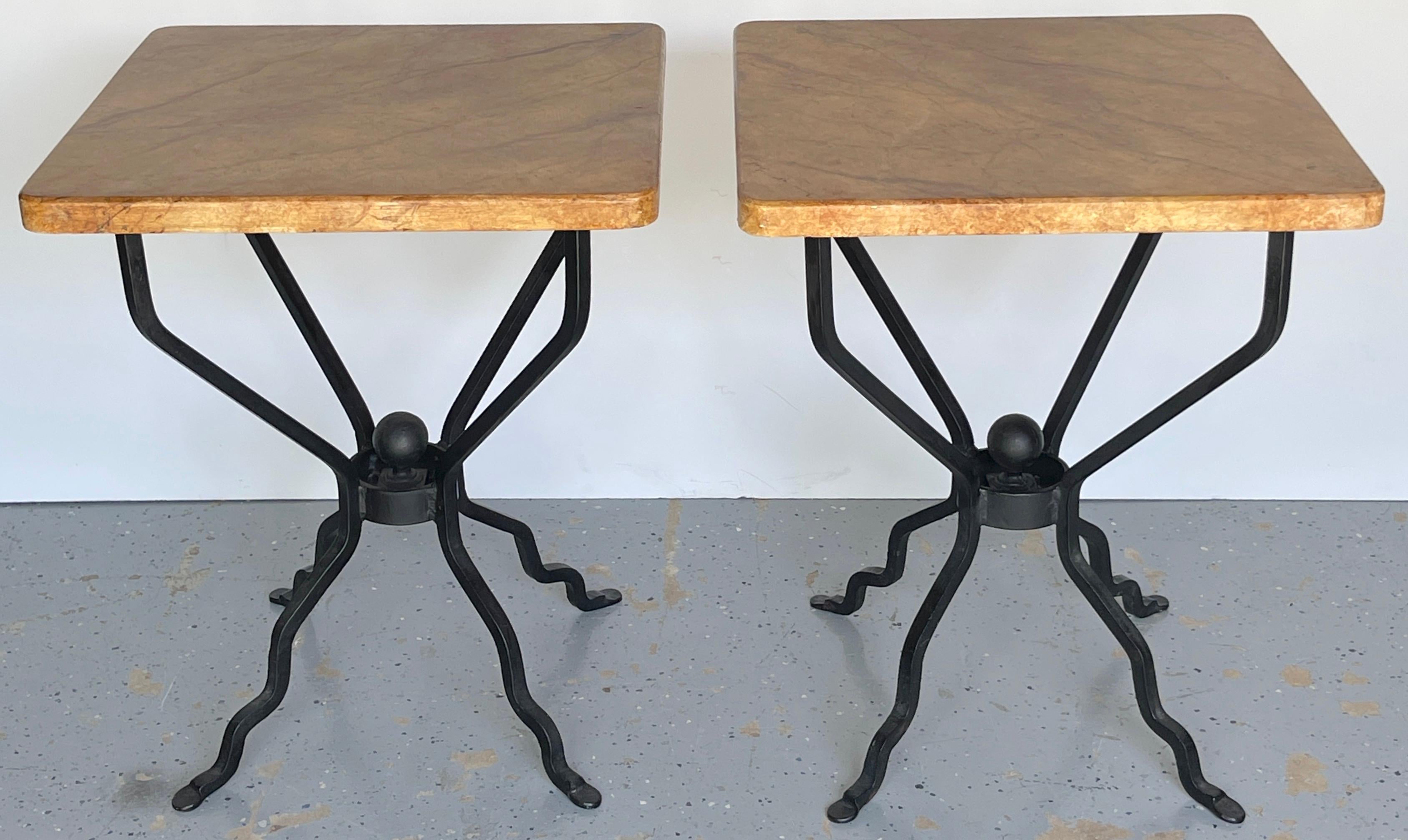 Forged Sheik Pair of French Modern Iron & Marbleized Wood  End Tables  For Sale