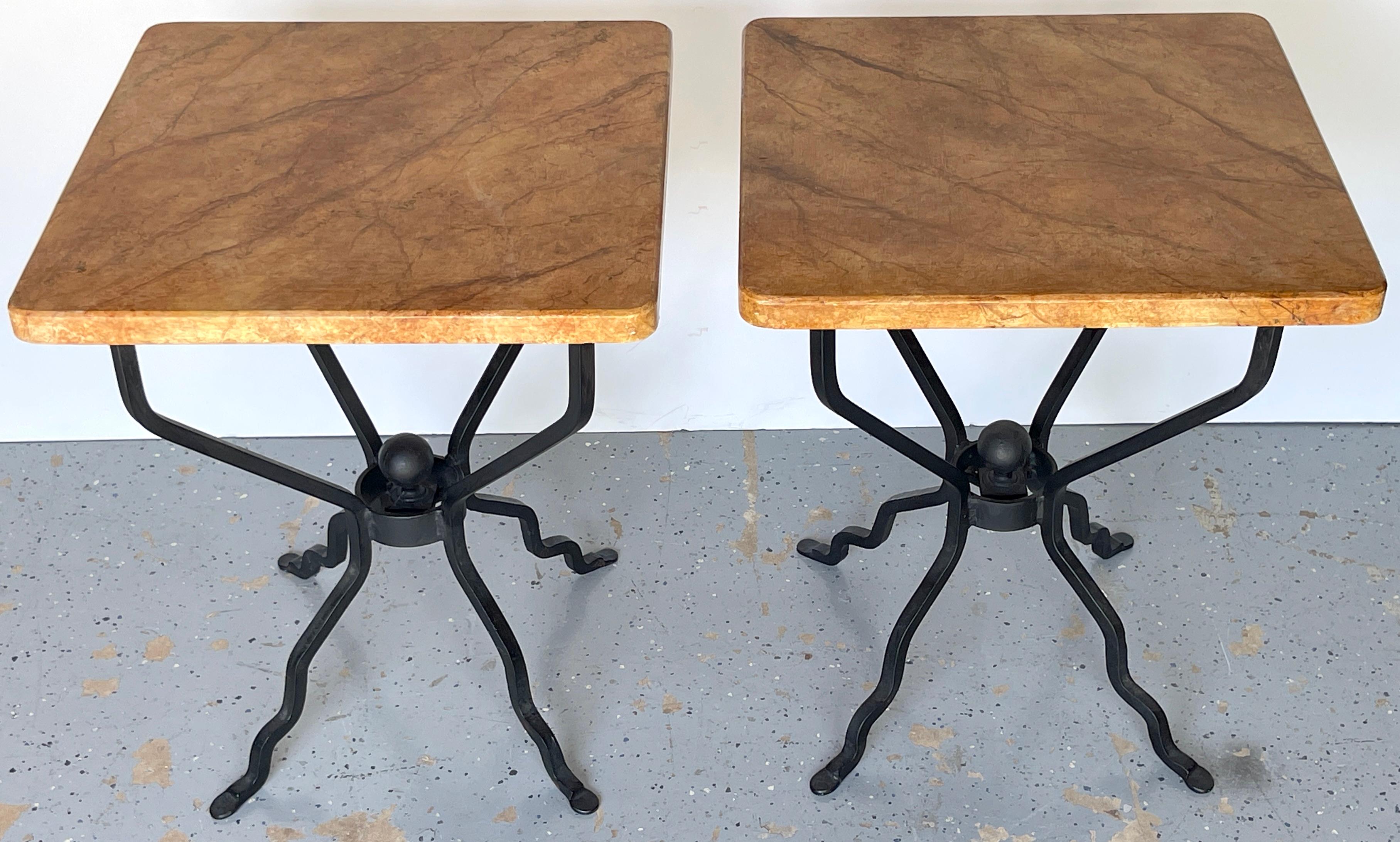 Sheik Pair of French Modern Iron & Marbleized Wood  End Tables  In Good Condition For Sale In West Palm Beach, FL